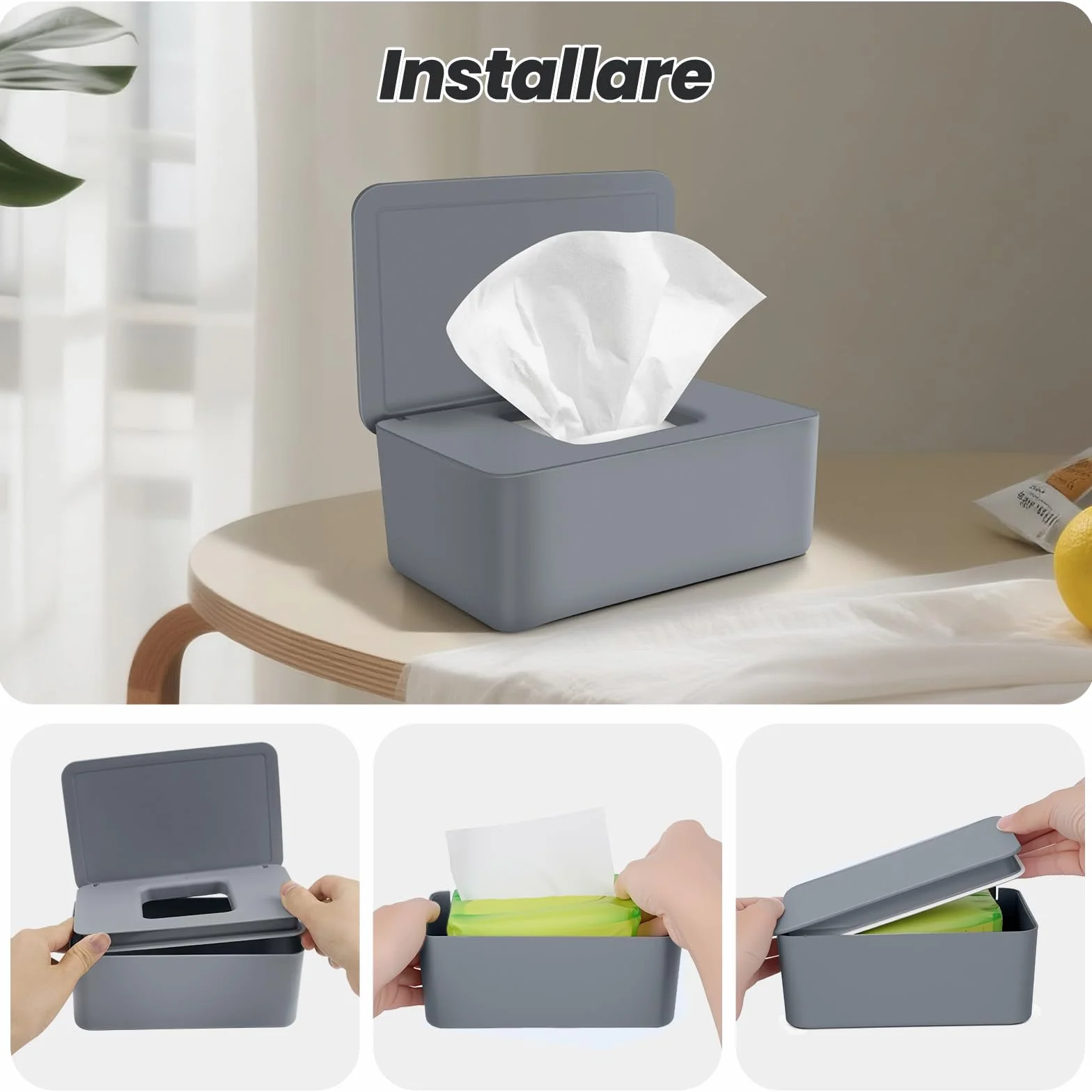 Scatola Porta Salviette Umidificate Dispenser con Coperchio Grigio