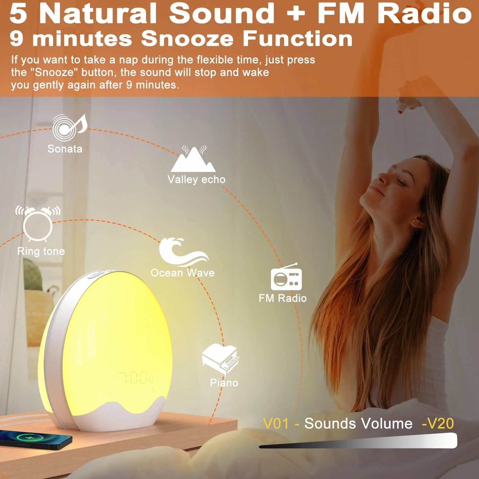 Sveglia luminosa, alba e tramonto, radio FM, 5 suoni naturali, 2 allarmi, snooze, 12 luci colorate, 20 luminosità, lampada da comodino per bambini