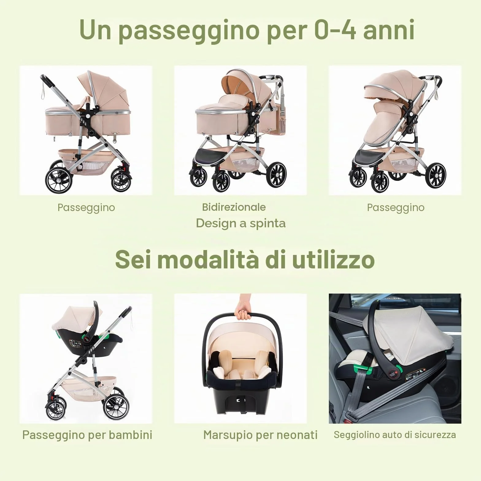 Passeggino 3 in 1 con seggiolino auto pieghevole telaio alluminio per neonati 0-4 anni