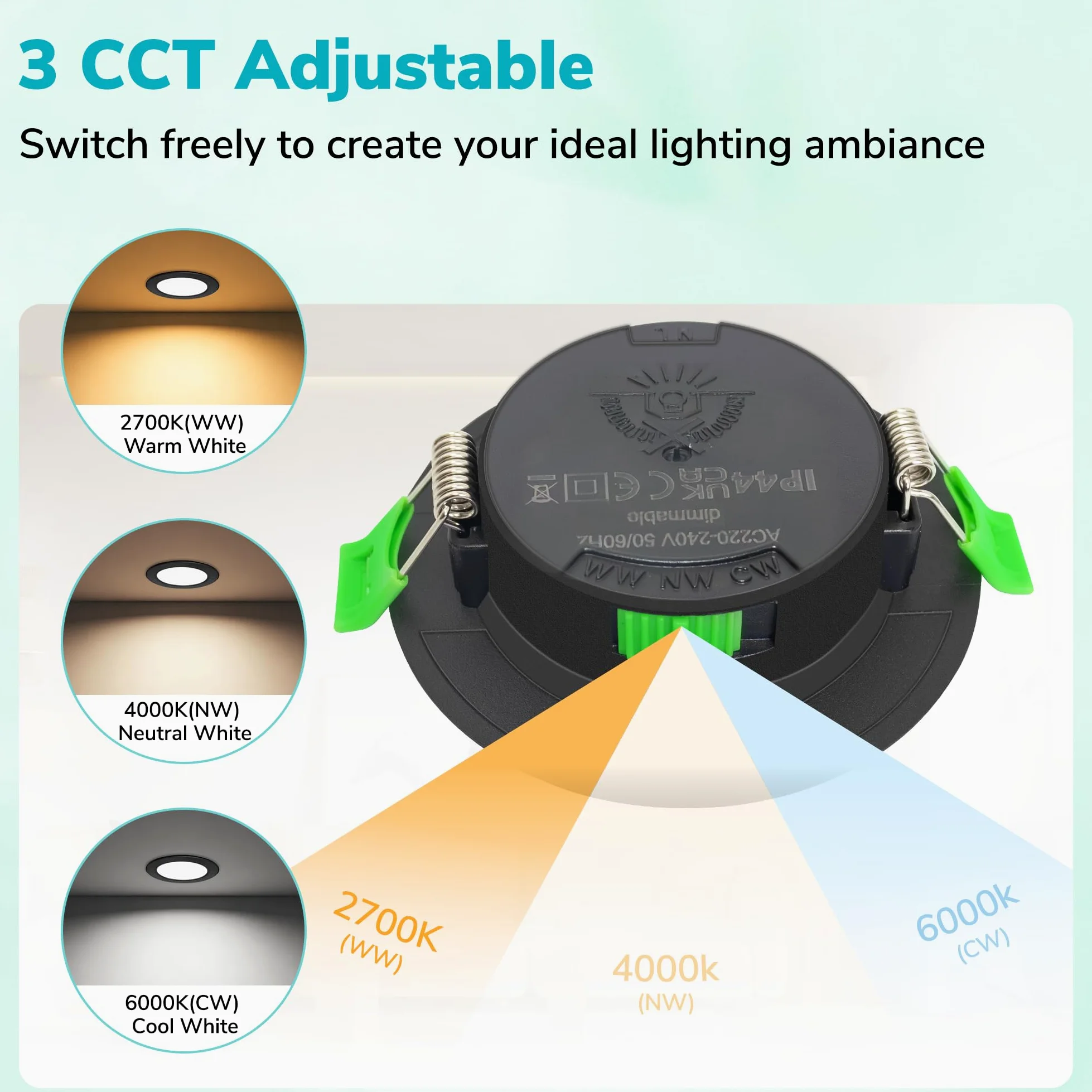 Confezione da 6 Faretti LED da Incasso Extra Slim 25 mm, 6W Dimmerabili 0-100% con Dimmer Esterno, 2700K/4000K/6000K Regolabili, IP44 per Bagno, CRI 90, Foro Ø55-68 mm, 230V, Nero
