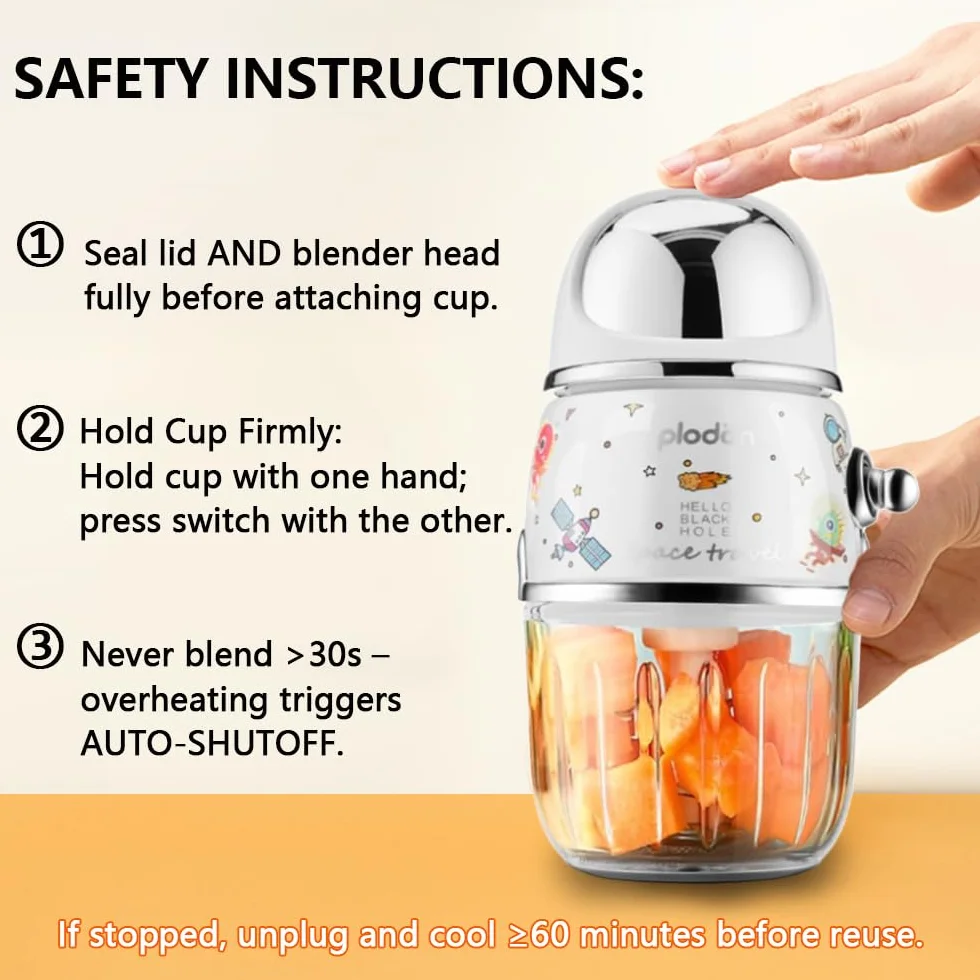 Baby Food Maker Mini Food Processor Puree Blender 1.2 Cup Glass Bowl 6 Blade Electric