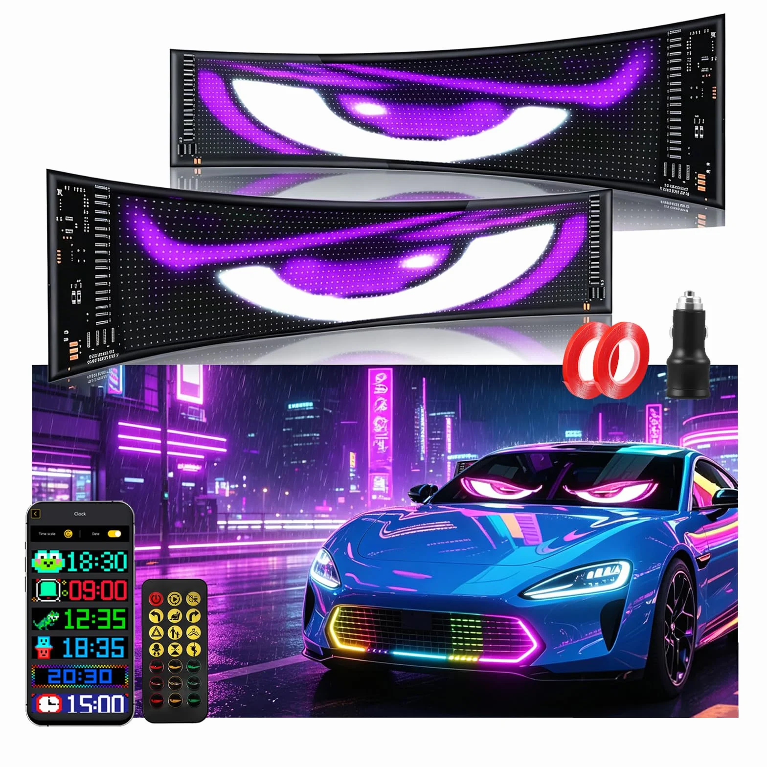 2 Pannelli LED Flessibili Maxi 12x60 cm, Occhi LED Grandi per Auto/Camion, Schermo Programmabile Impermeabile IP65, Controller APP & Telecomando, Luci RGB Ultra-Luminose per Tuning, Vetrina, Feste