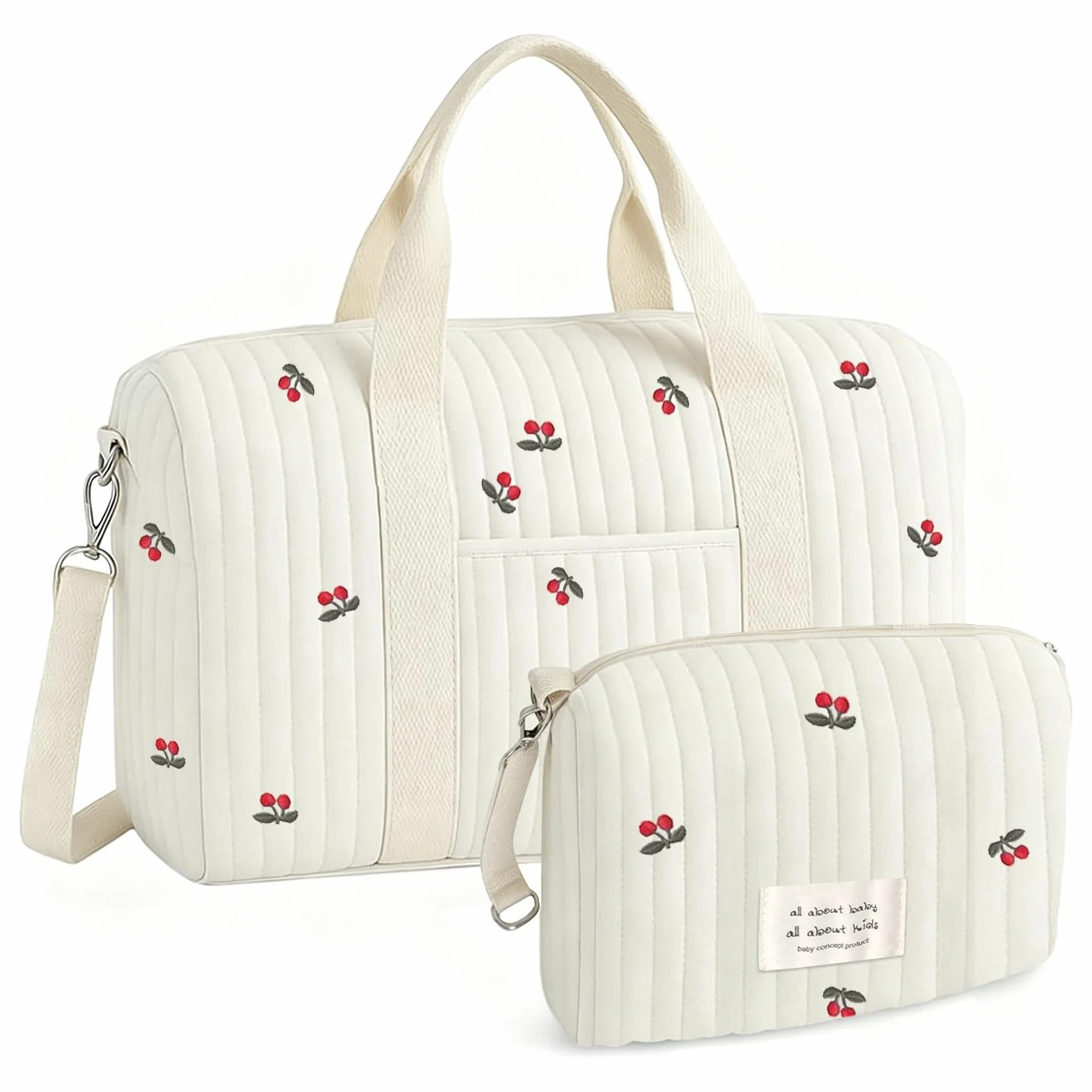 Borsa Parto Ospedale Cotone Trapuntato Ricamo Ciliegia Set 2 Pezzi Maternità Passeggino Viaggio Cambio Neonato Stile Coreano