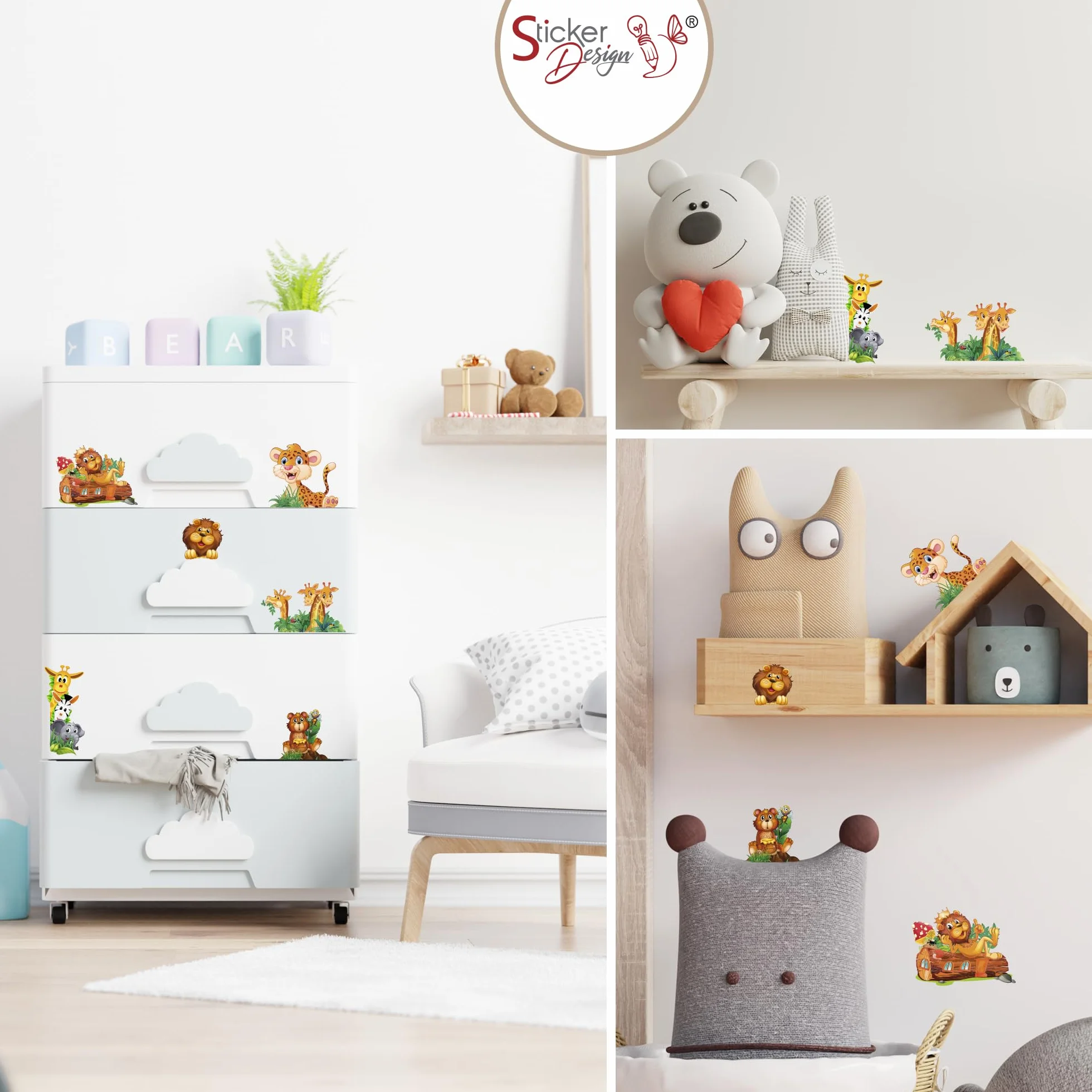 Adesivi Animaletti della savana Wall Stickers 6 pezzi Giraffe Leone Orsetto Elefantino Zebra decorativi Cameretta