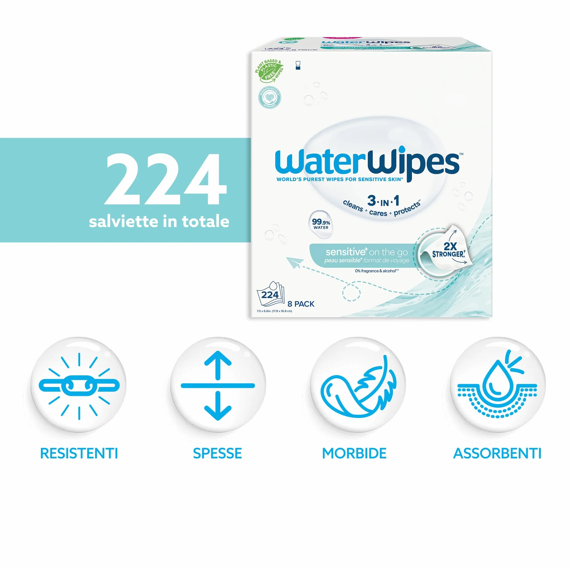 WaterWipes On The Go 224 Salviette Salviette Umidificate 99.9% Acqua per Viso e Corpo