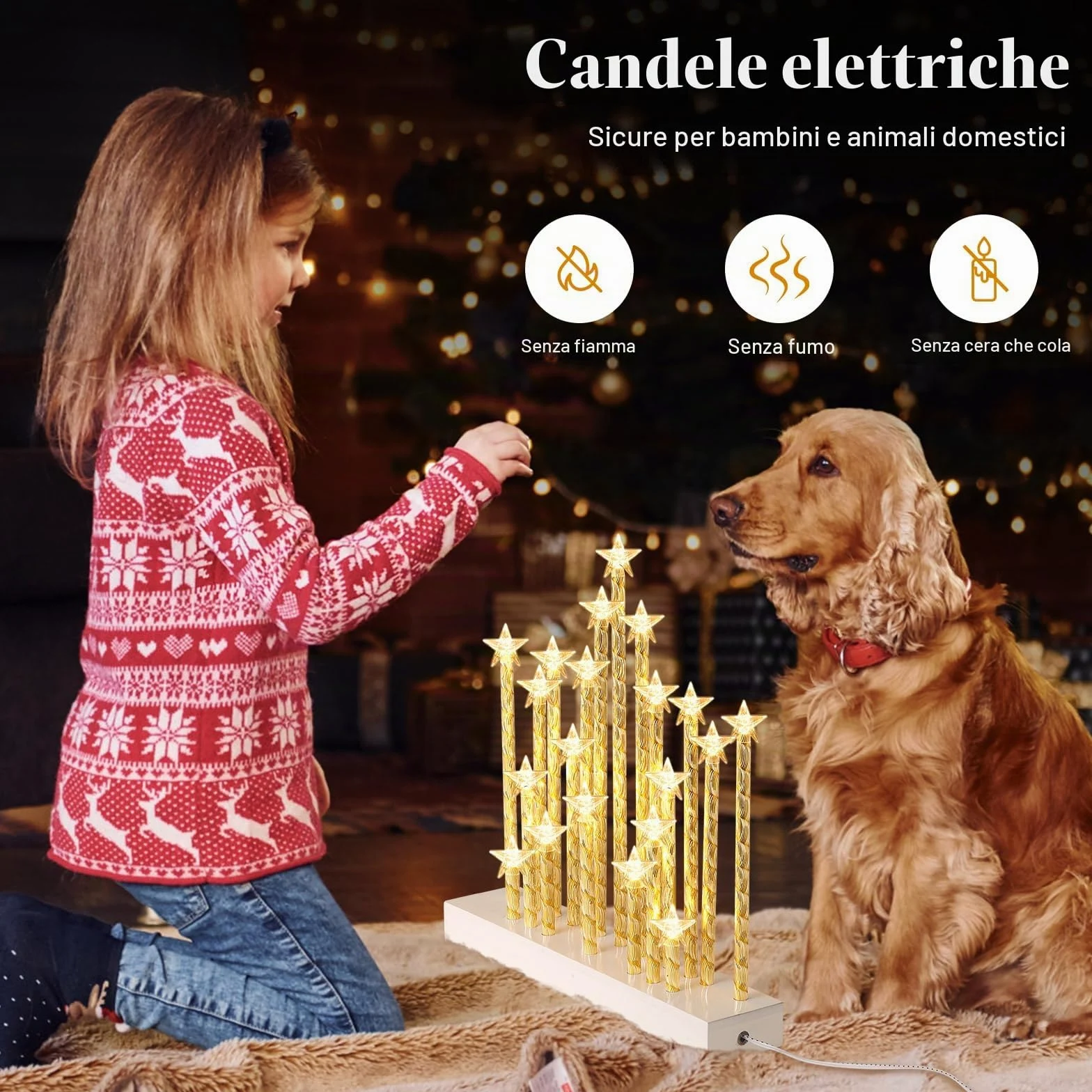 Lewondr Candelabro Svedese di Natale, Candele Senza Fiamma Stella con 20 LED Taper Candele Elettriche, USB Powered Candela Finestra di Natale per la Decorazione di Natale Regalo di Nozze, Bianco