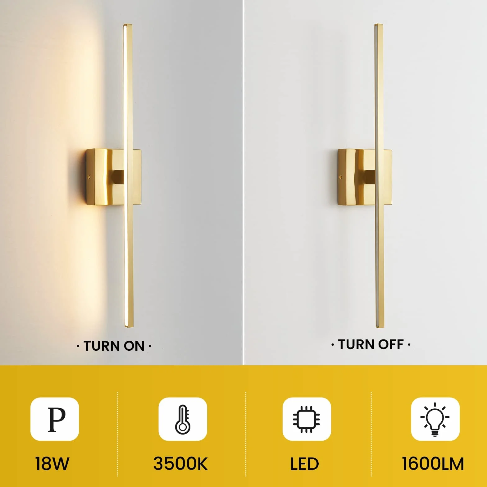 Luci dorate per fasciatoio da bagno, 24 pollici, dimmerabili, dorate, su specchio, 3500 K, luce calda per camera da letto
