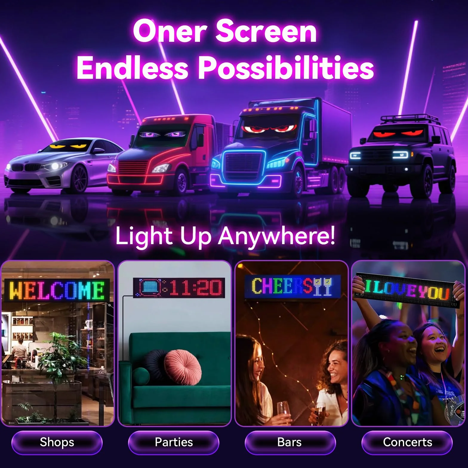 2 Pannelli LED Flessibili Maxi 12x60 cm, Occhi LED Grandi per Auto/Camion, Schermo Programmabile Impermeabile IP65, Controller APP & Telecomando, Luci RGB Ultra-Luminose per Tuning, Vetrina, Feste