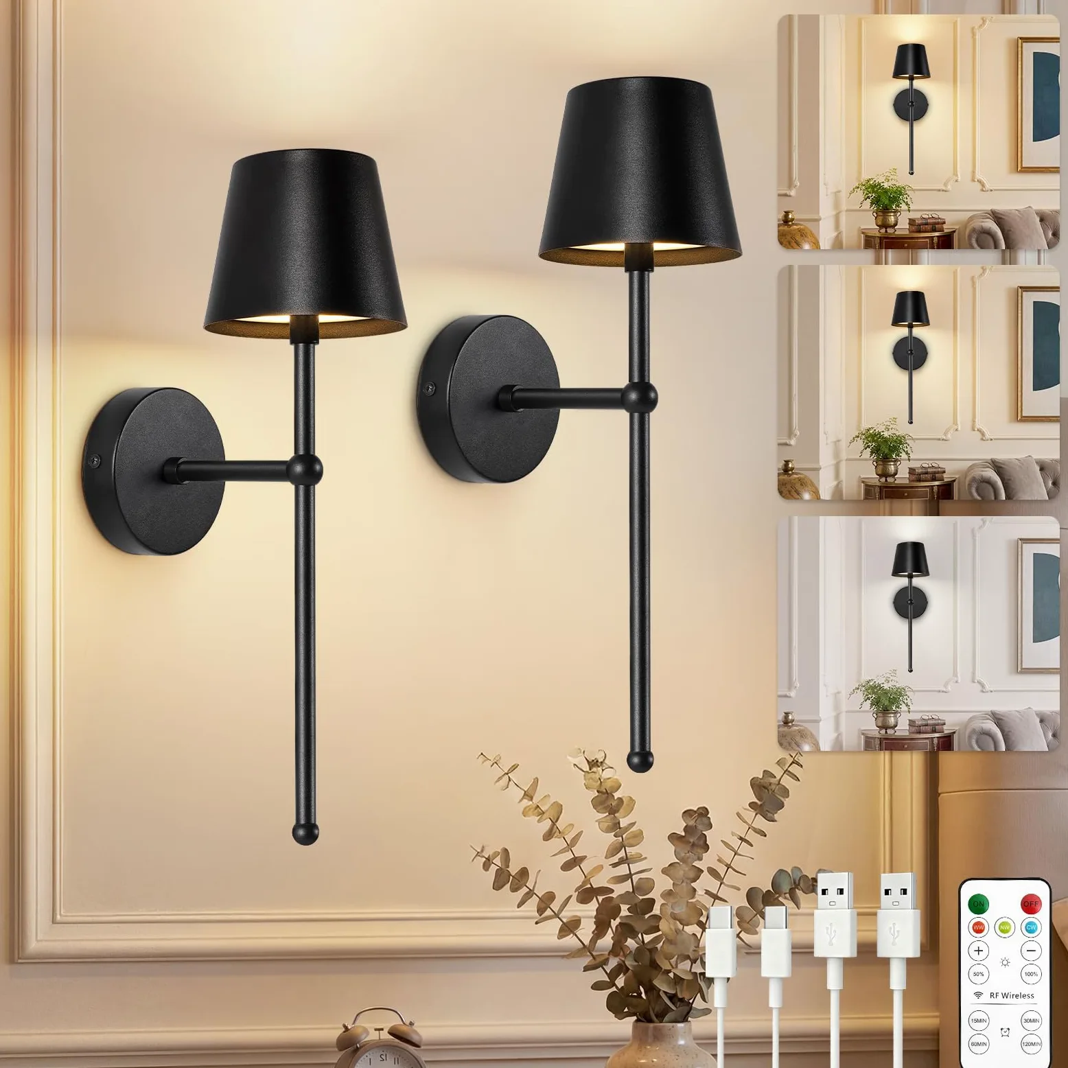 TaoFiaCo Applique da Parete a LED Interni Ricaricabile Nero, Long, 2 Pezzi | Lampada da Parete con Telecomando, 3 Temperature di Colore, Applique a LED Senza Fili con Batteria per Soggiorno
