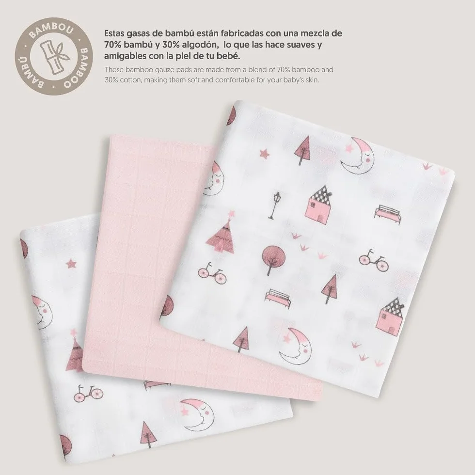 INTERBABY Set di 3 Mussole di Bambù MOON rosa per neonati 55x70 cm