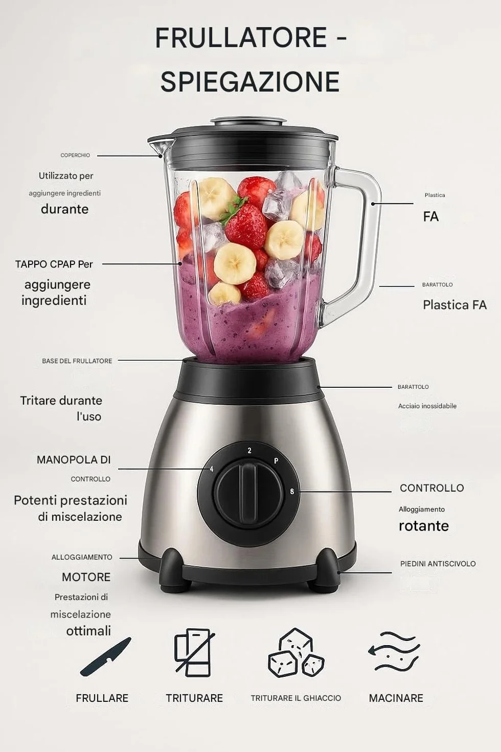 Royal Swiss Frullatore Mixer Acciaio Inox 1000W Caraffa 1.5L Vetro Temperato Nero