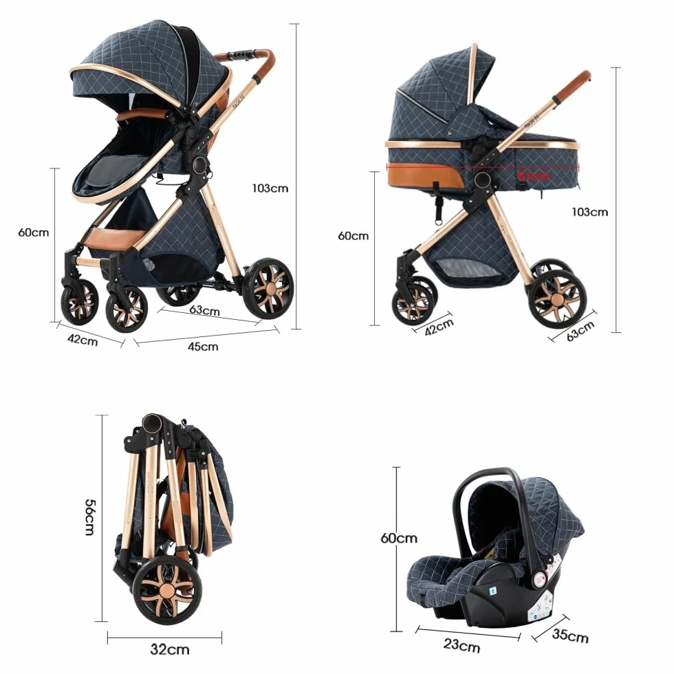 Passeggino 3 in 1 Elevato Pieghevole in Alluminio per Bambini Grigio
