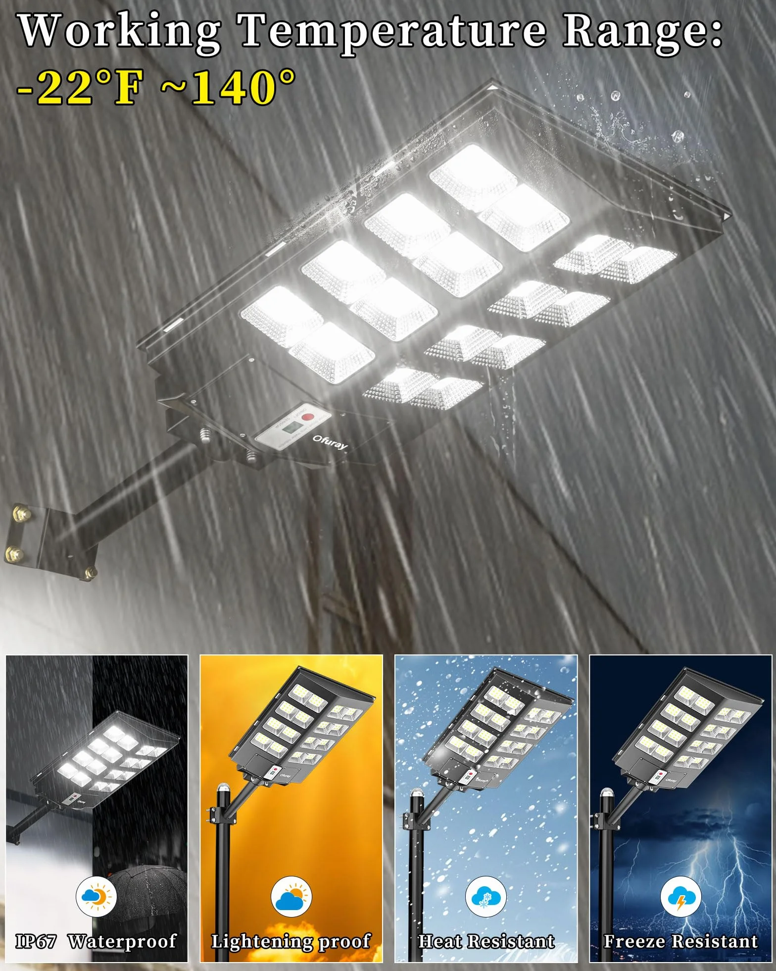 Ofuray Of-2600W Lampione Solare LED Esterno, 6500K Lampada Solari con Sensore di Movimento, Impermeabile IP67 Lampione Stradale, Faretto LED da Esterno Solare con Telecomando Adatto per Cortile,Garage