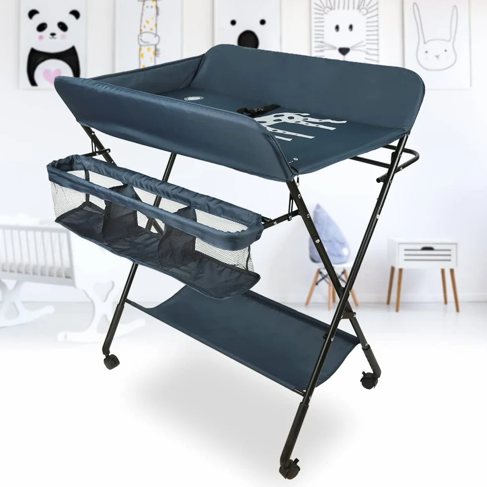 Fasciatoio Pieghevole con 4 Ruote Freno, Portatile Multifunzionale, 3 Regolabile in Altezza, Blu Navy