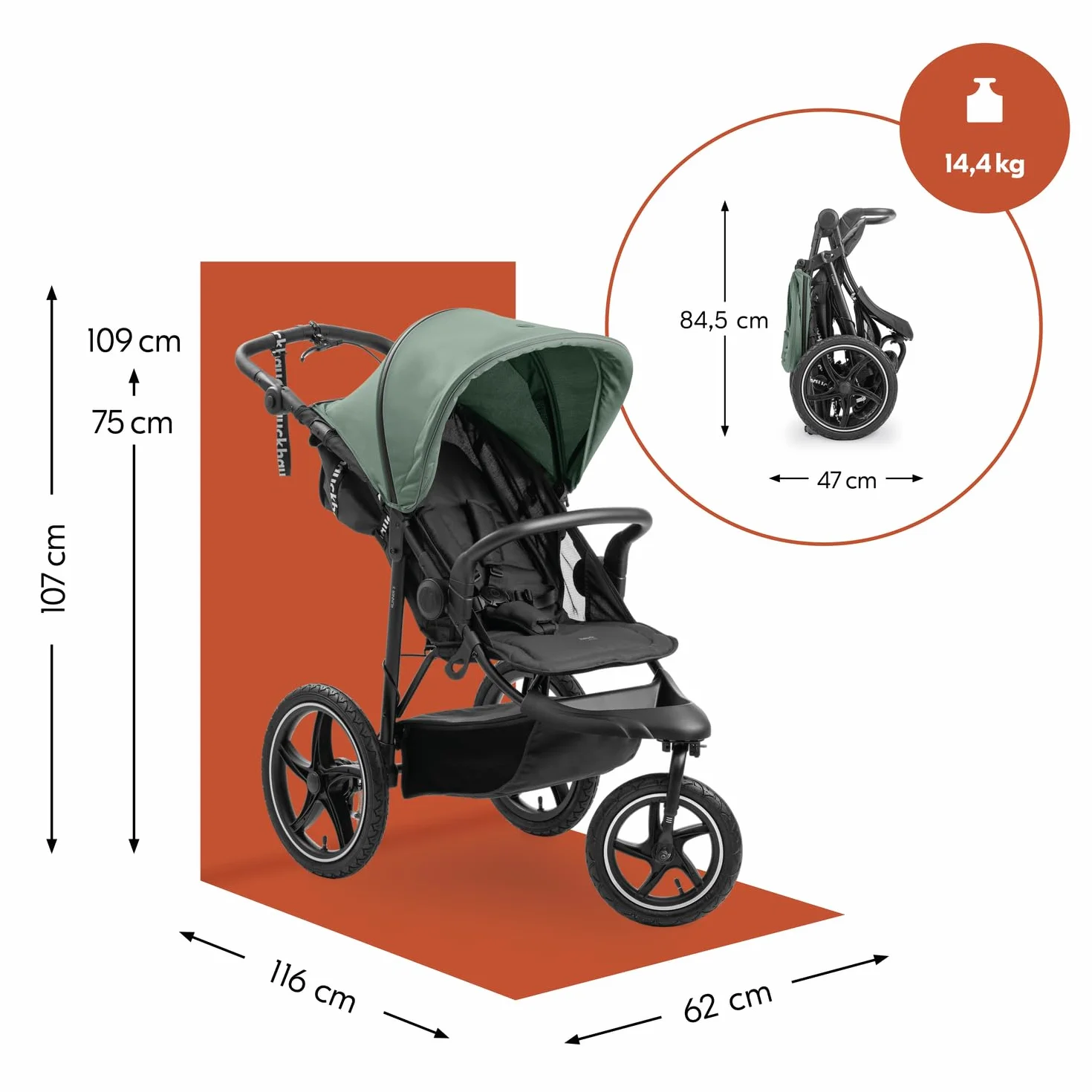 Hauck Runner 3 Verde Giungla Passeggino 3 Ruote d'Aria 22 kg Sospensione Regolabile Freno a Mano Cappottina XL UPF 50+