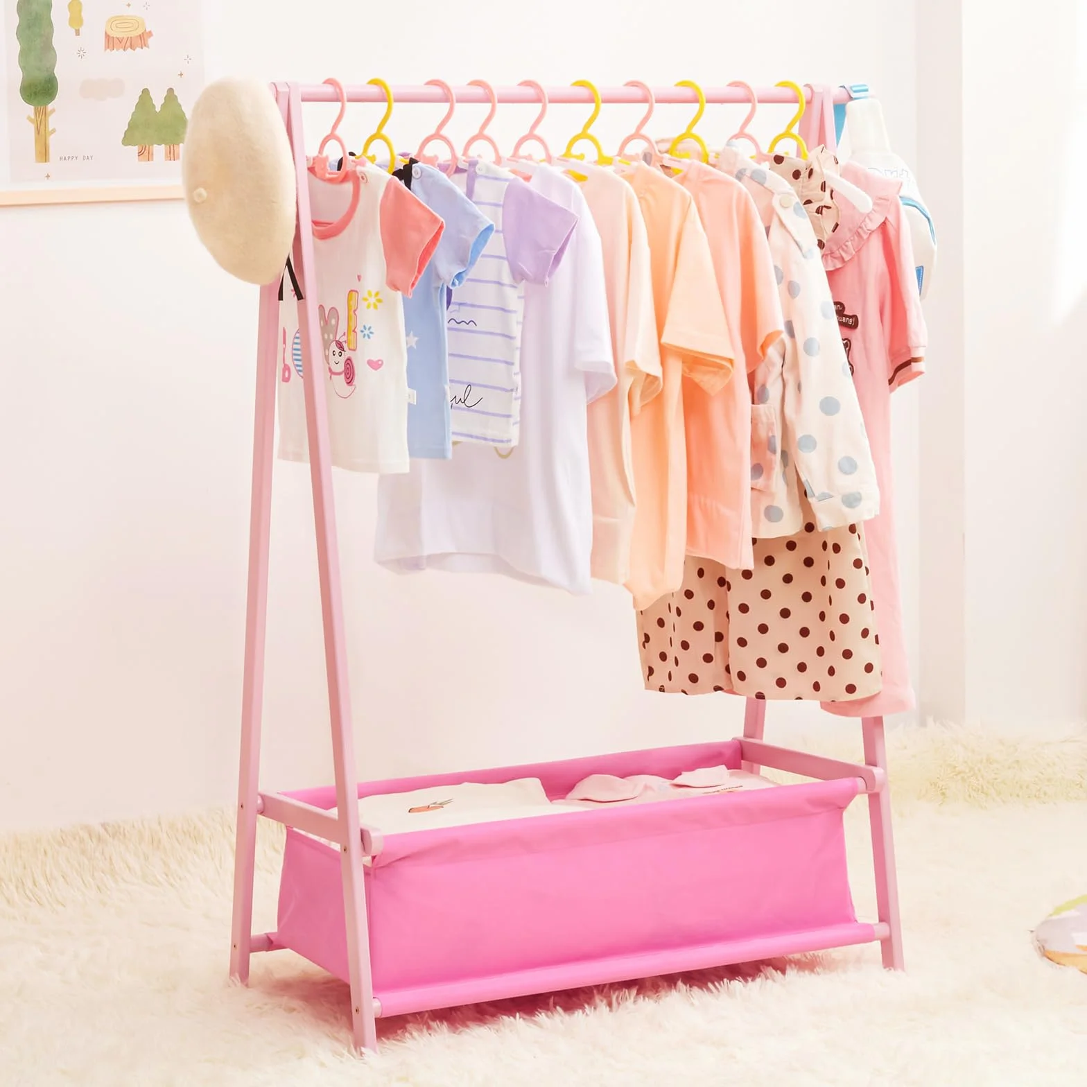 Yorbay Scaffale per Abbigliamento per Bambini con Contenitore, Pieghevole, Bambù