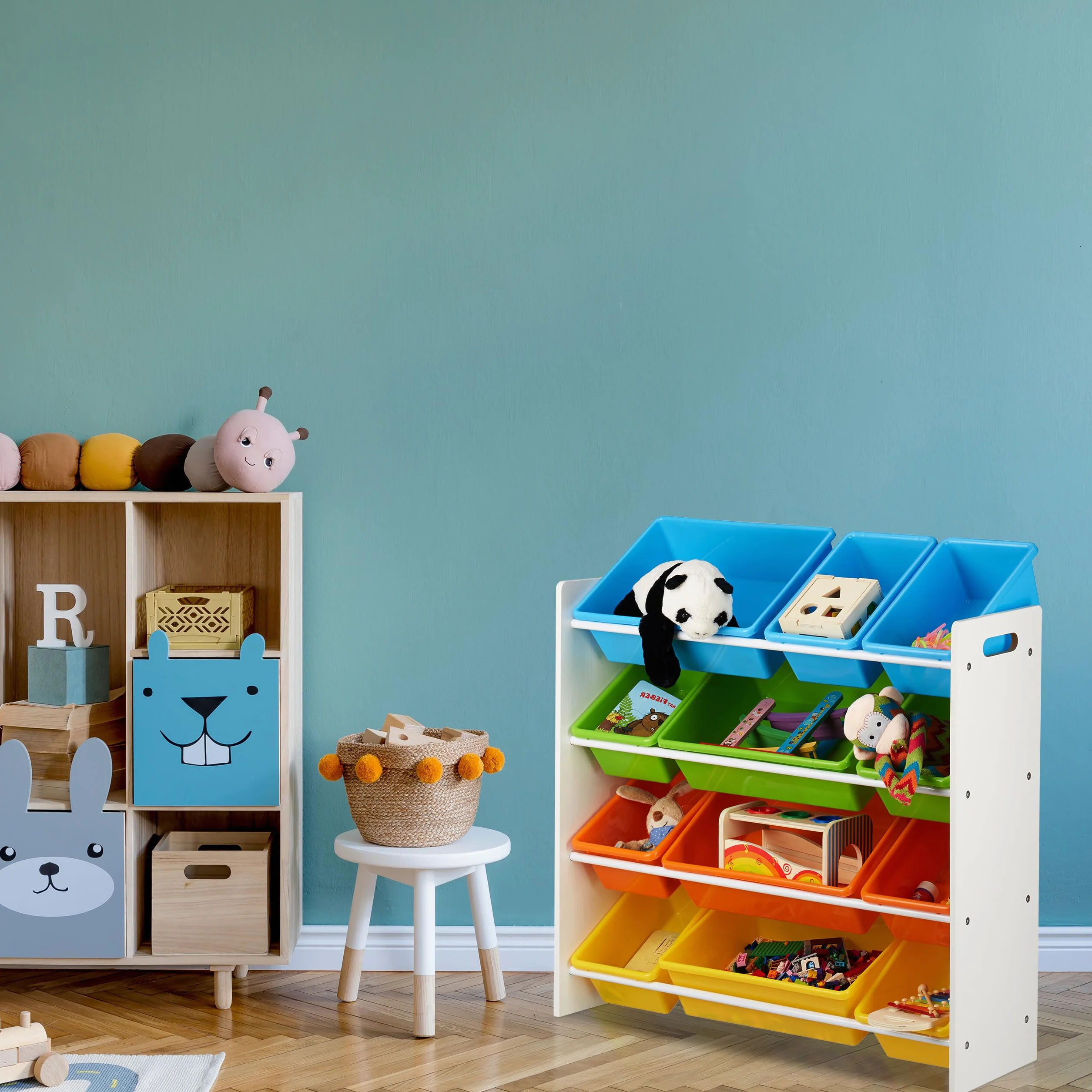 Relaxdays Scaffale per Bambini con Box Porta-Giochi, Contenitori Colorati per Giocattoli, MDF+Plastica, 88x86x31 cm