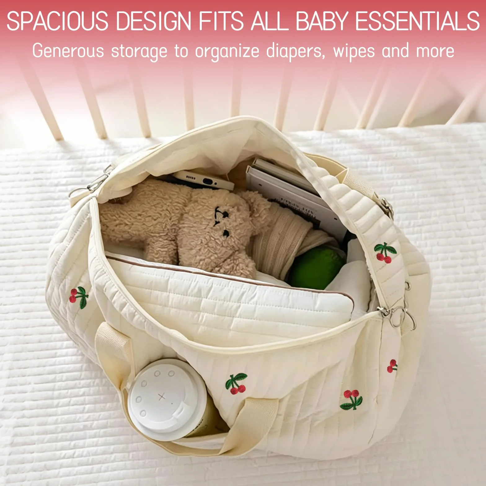 Borsa Parto Ospedale Cotone Trapuntato Ricamo Ciliegia Set 2 Pezzi Maternità Passeggino Viaggio Cambio Neonato Stile Coreano