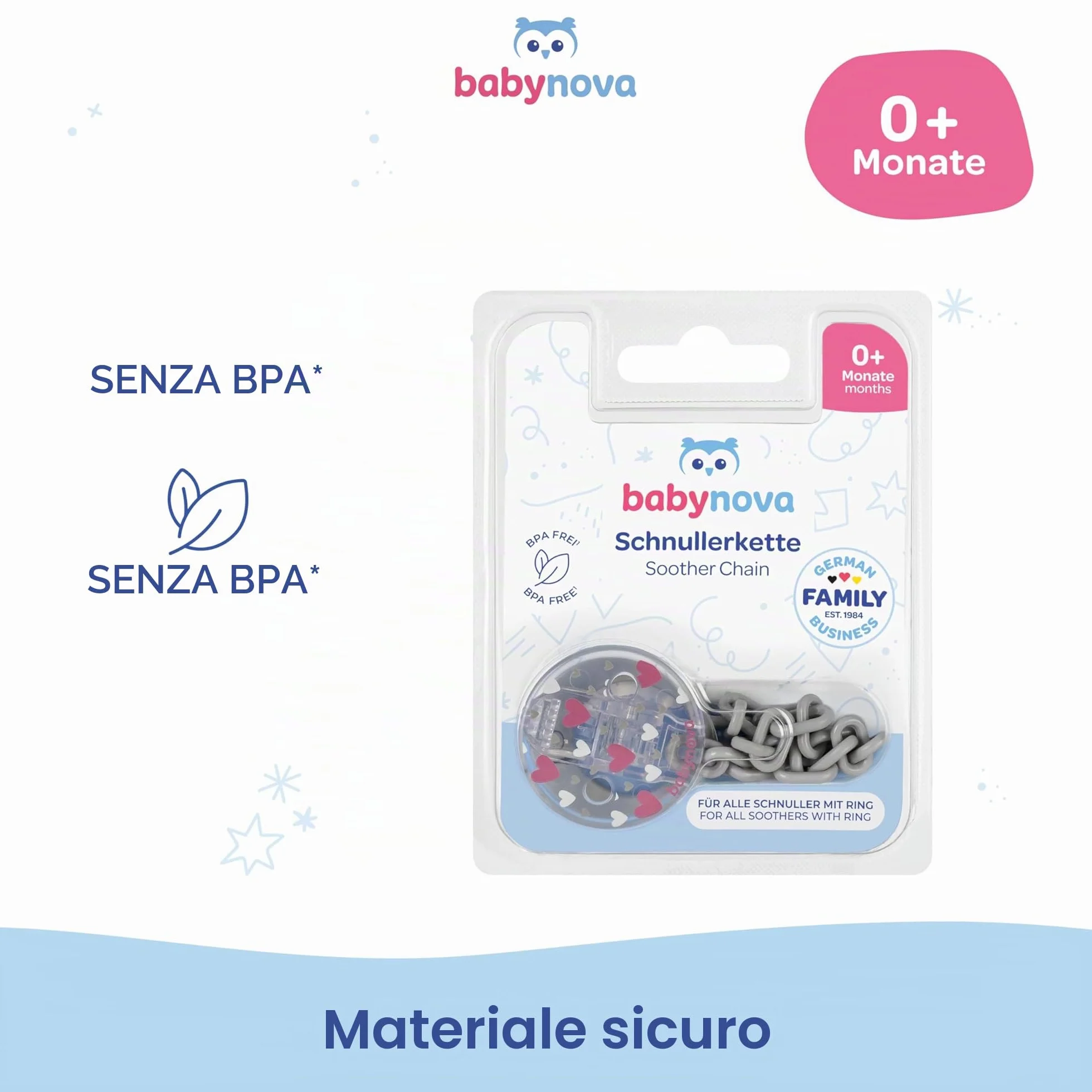 Babynova Catena per Ciuccio con Clip e Anello – Portaciuccio per Bambini – Compatibile con Ciuccio – Accessorio per Passeggino – Senza BPA – Cuori rosa