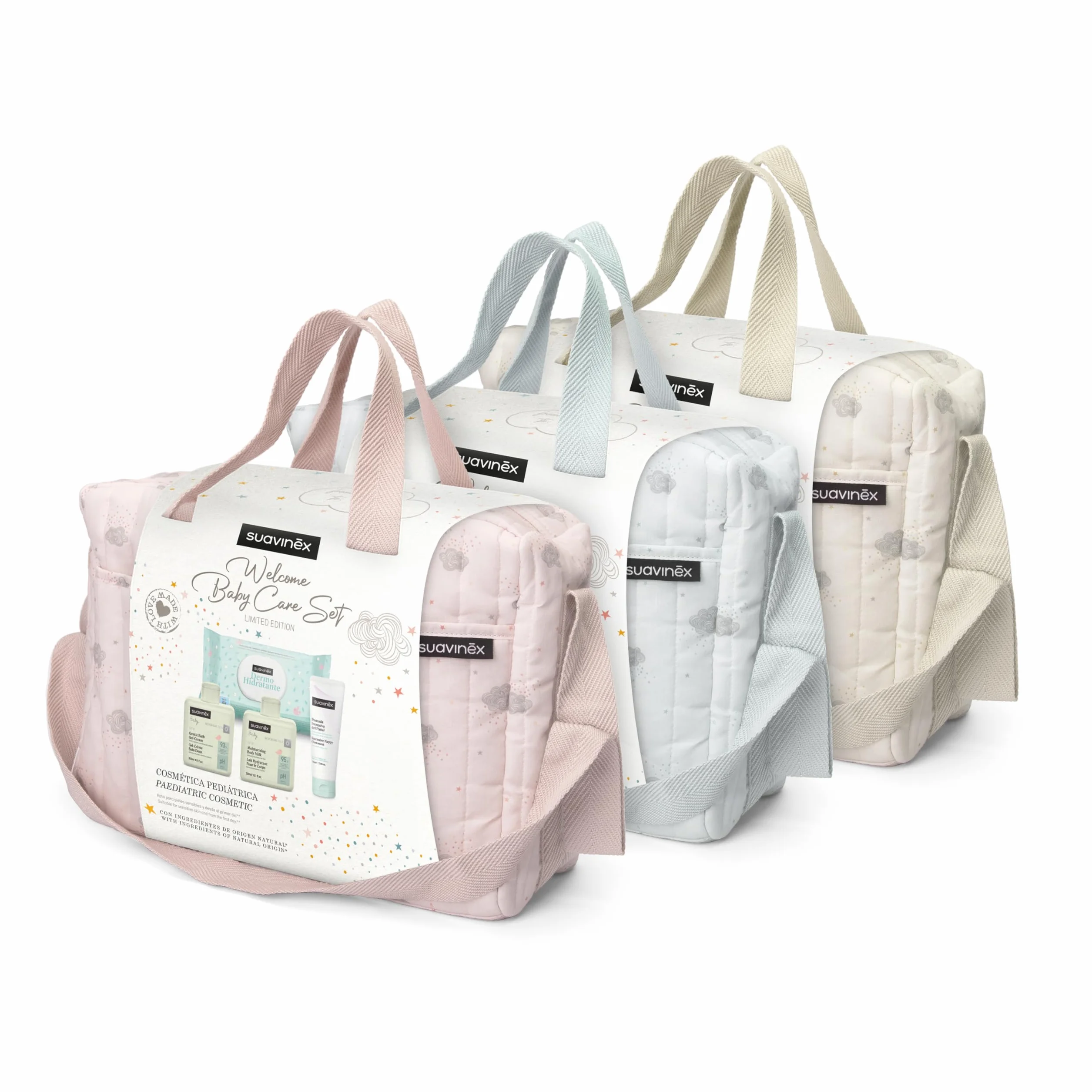 Suavinex Borsa cambio bambino con cosmetici Gel detergente delicato 300 ml Latte idratante 300 ml Crema cambio 75 ml Salviette 60 unità Regalo nascita rosa