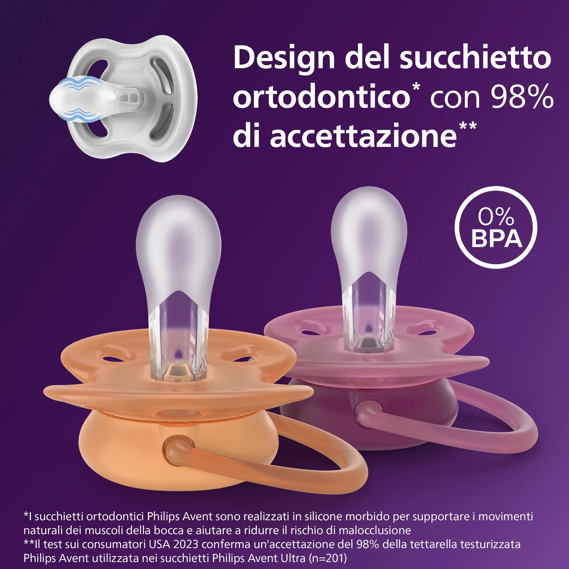 Philips Avent Ultra Soft Ciuccio ortodontico 18 mesi+ scudo flessibile tettarella simmetrica silicone senza BPA confezione da 2 SCF093/03