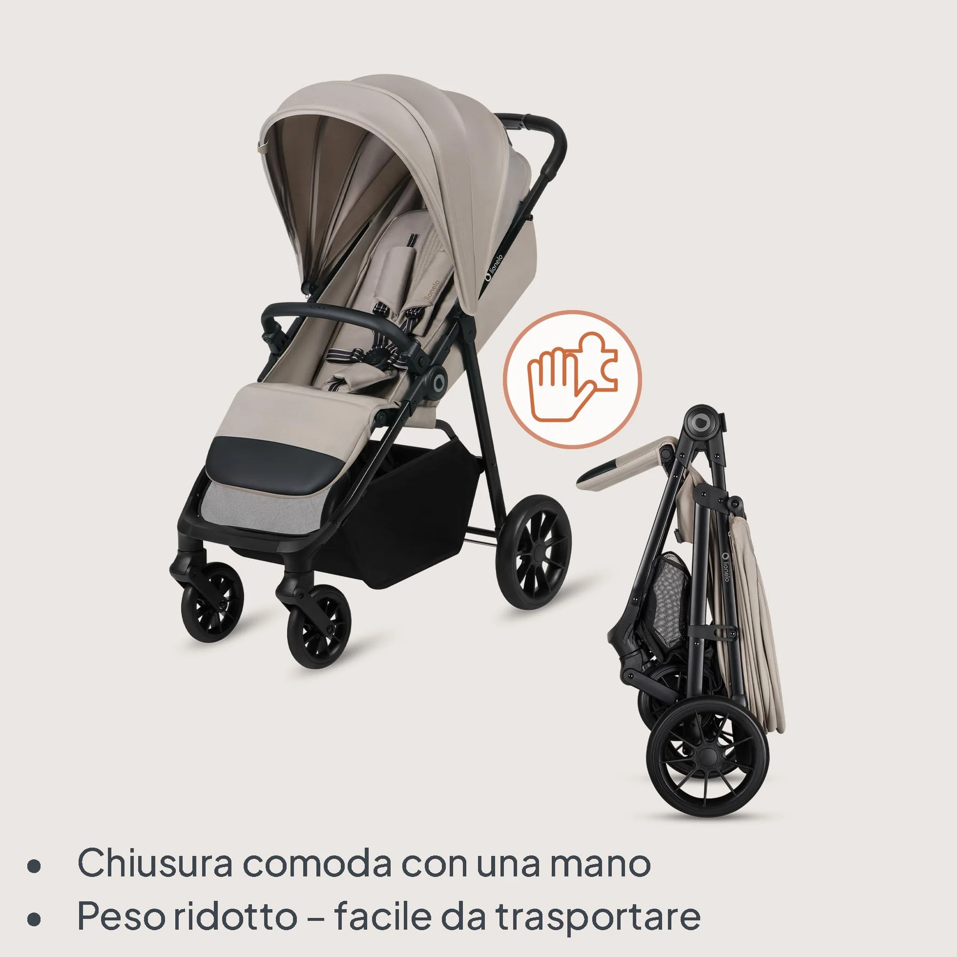 LIONELO EMERALD Passeggino Leggero Compatto Pieghevole Bambini 22 kg 4 anni Chiusura una Mano Ruote EVA Schienale Reclinabile Cappottina Impermeabile XXL UPF50+