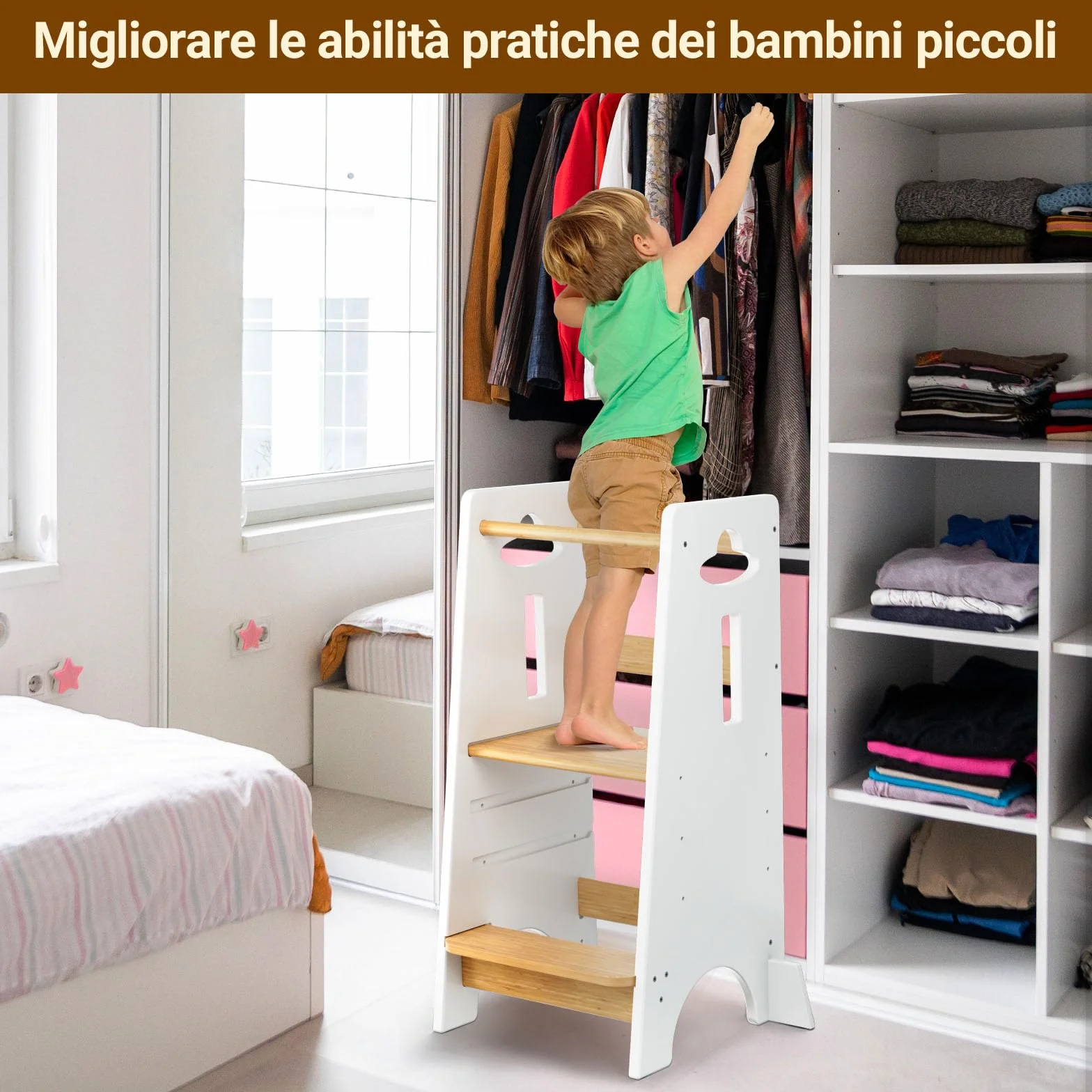 COSYLAND Torre Montessoriana Bambini 1 Anno – Torretta Montessoriana Legno Spesso Regolabile 3 Altezze Bianco Classico Naturale