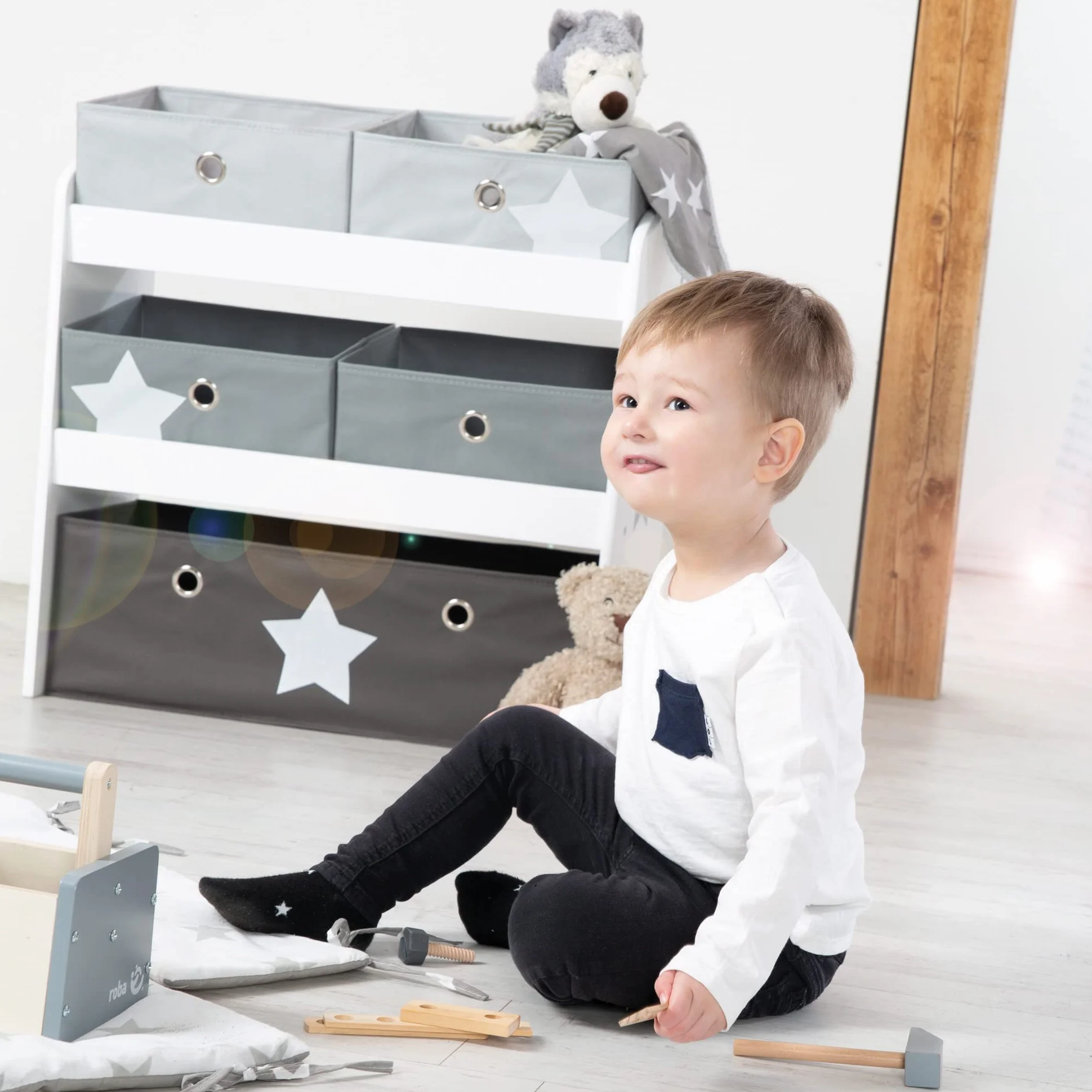 roba Scaffalatura Portaoggetti Stars 5 Scatole Tessuto Grigio 64x30x60 cm Legno Laccato Bianco