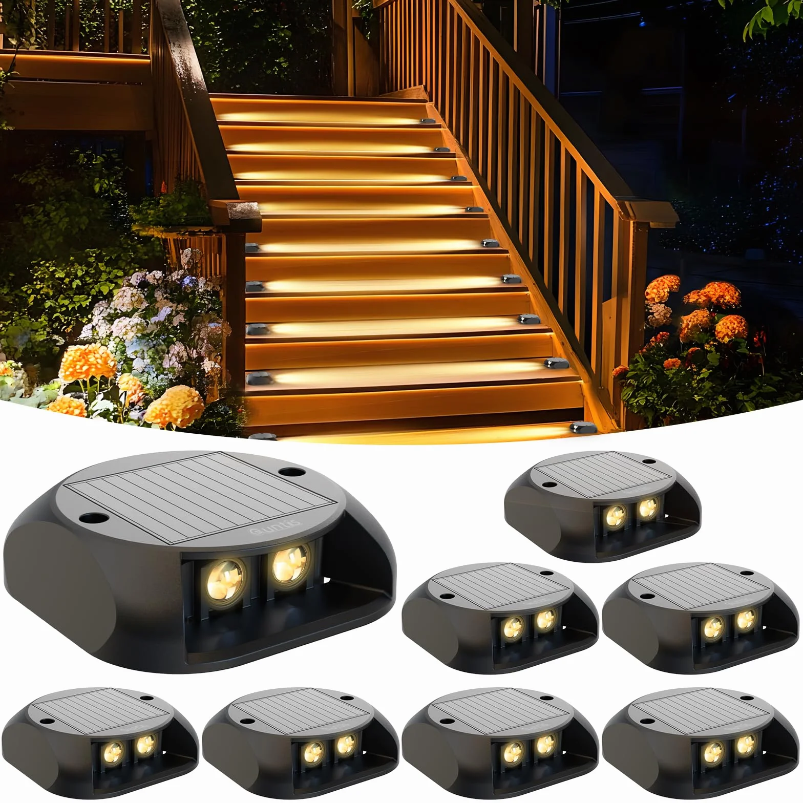 Quntis 8 Pezzi Segnapasso LED Esterno Solare Luce Calda Bianca 3000K, Luci Solari da Scale Impermeabilità IP65, Lampada Solare per Terra Sentieri Marciapiede Giardino Faretti Segna Passi Solari