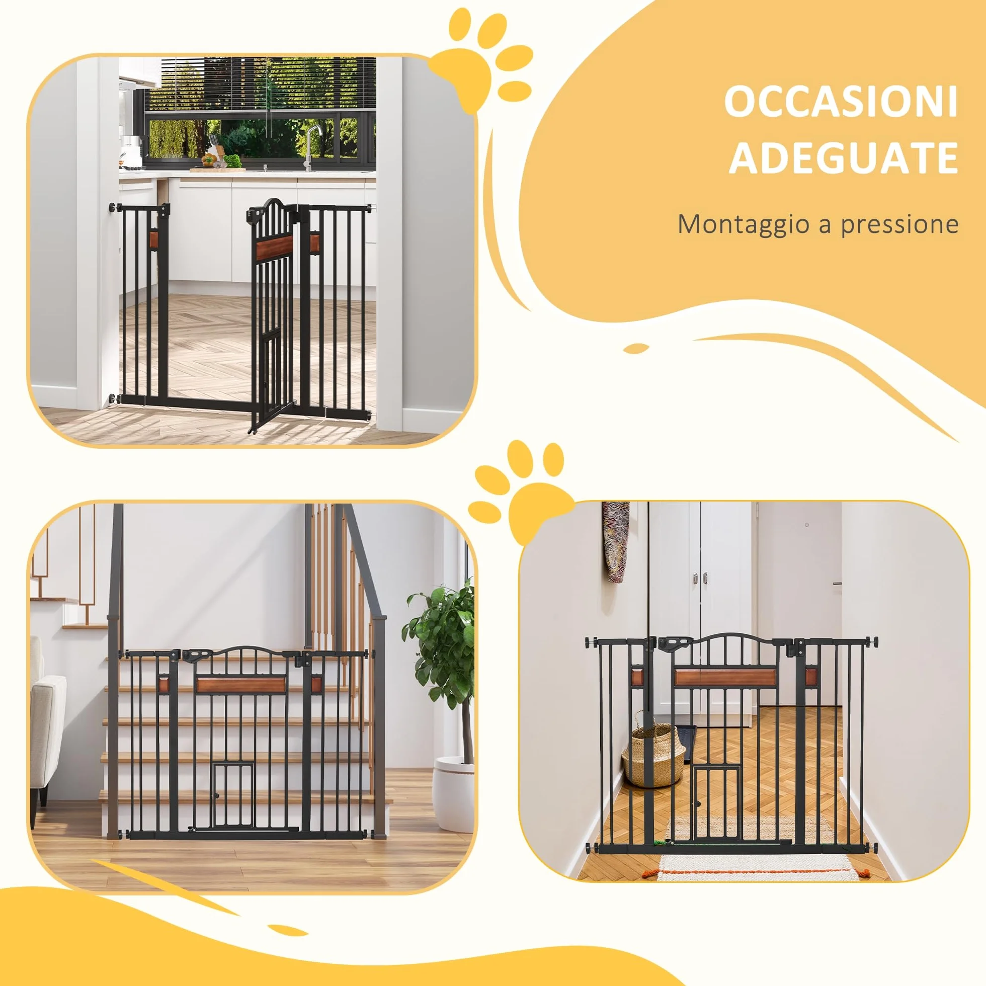 PawHut Cancelletto per Cani in Acciaio Legno di Pino Plastica 74-105x76.2 cm Nero