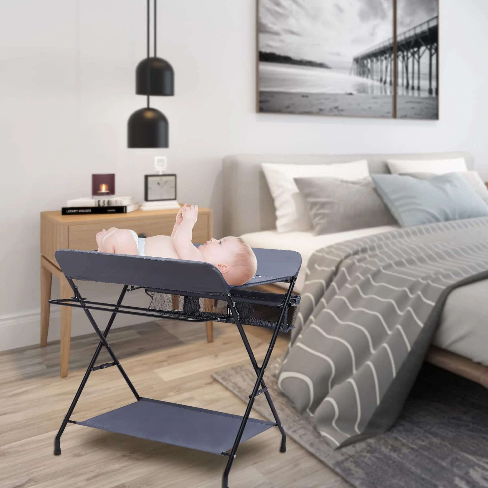 Fasciatoio portatile pieghevole per neonati con cintura di sicurezza 80x63x96 cm