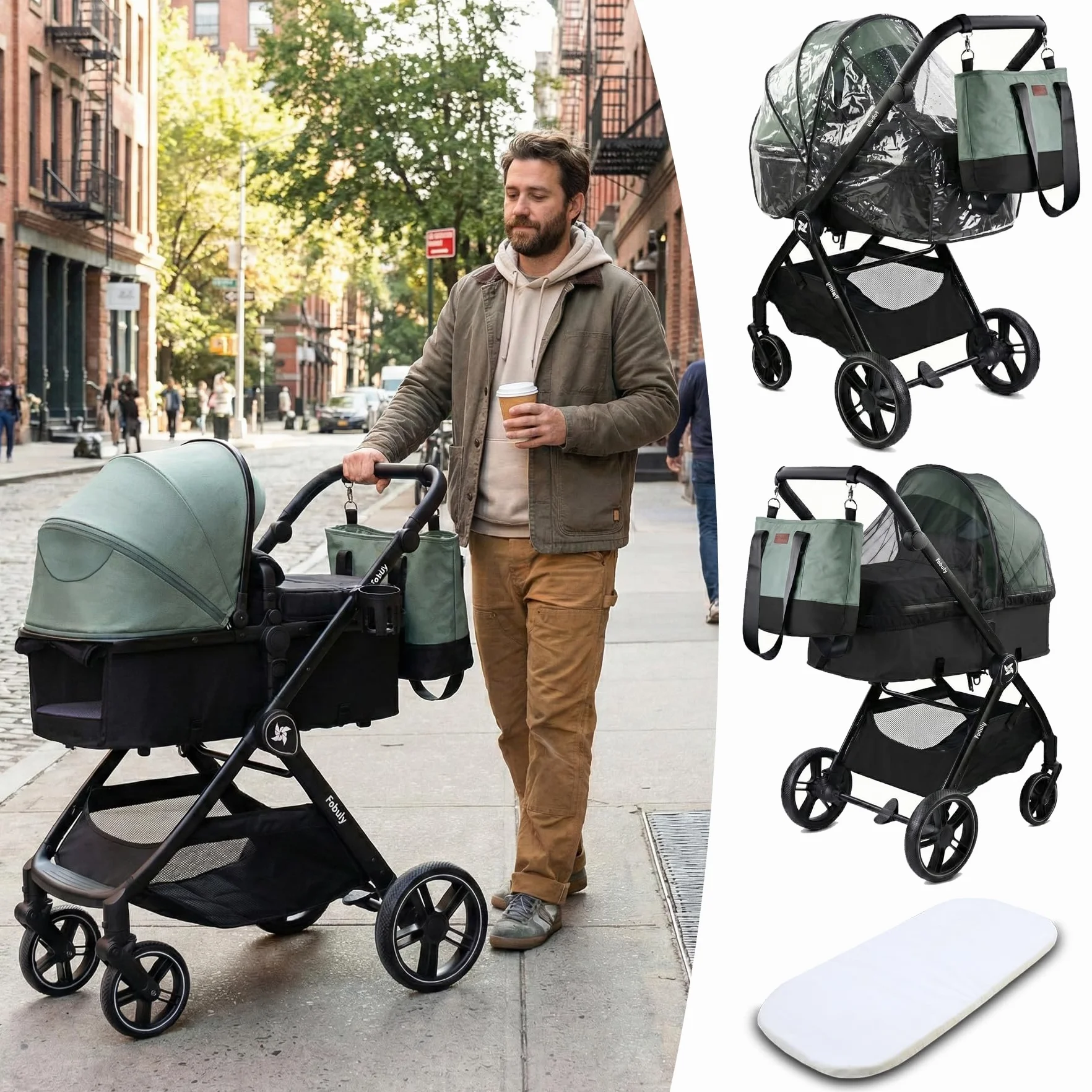Passeggino Trio 3 in 1 Sistema Modulare Carrozzina Neonati Ovetto Auto Verde 25 kg