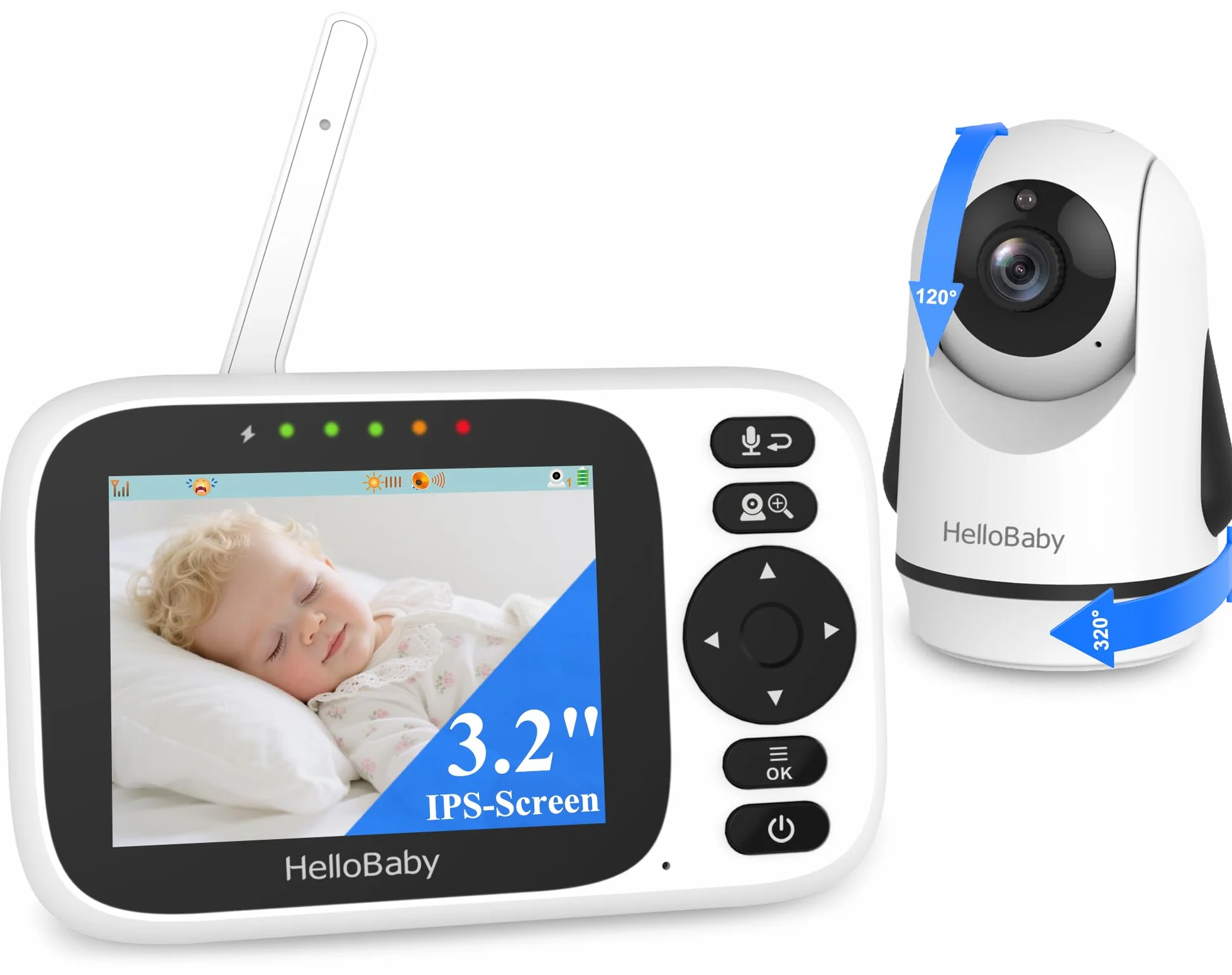 HelloBaby Baby Monitor 3.2" Telecamera Rotante 320° Visione Notturna ECO Rilevamento Temperatura Interfono Bidirezionale Ninna Nanna