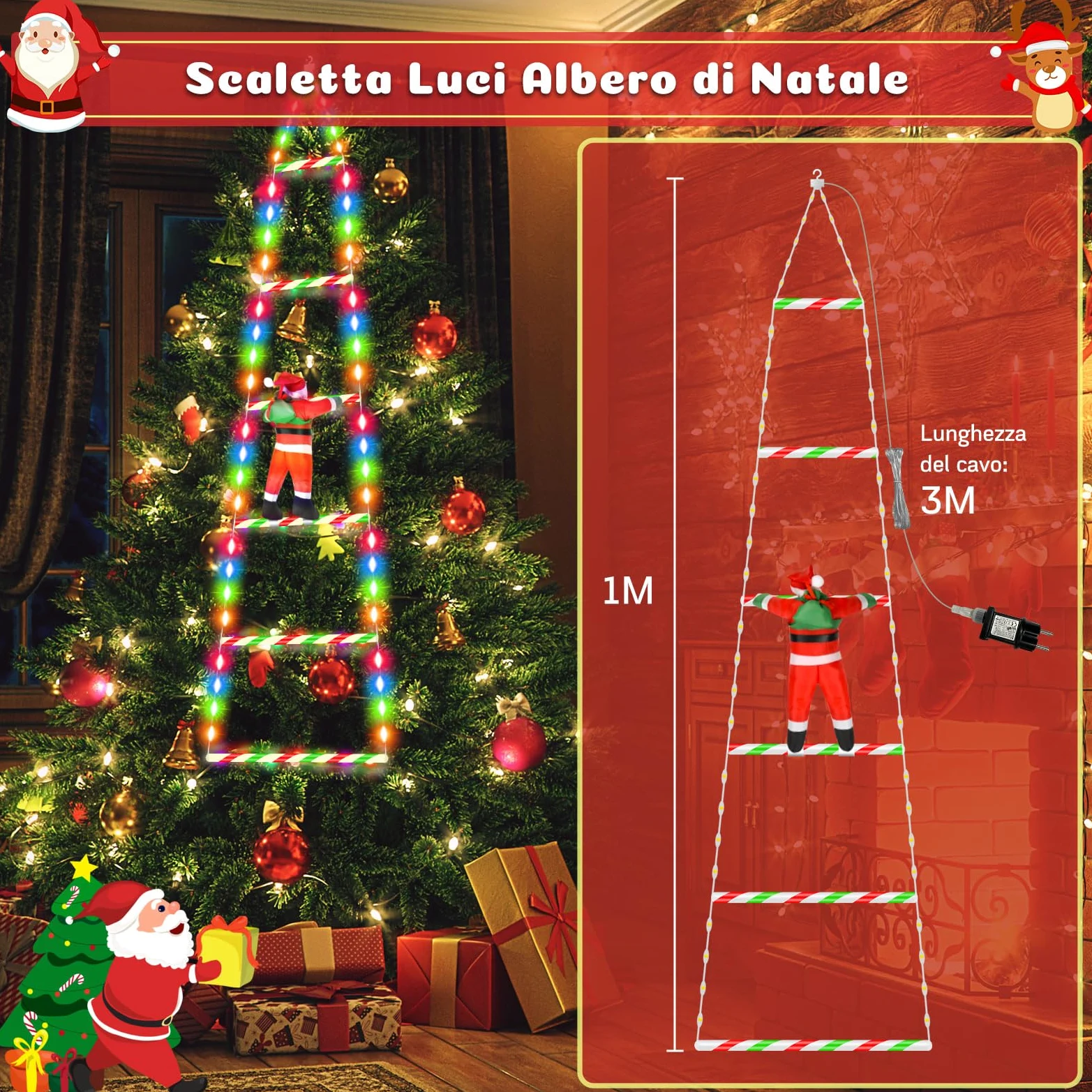 SIVQIKE 98 Luci LED Fiabesche Babbo Natale 0.8M, Striscia Luminosa Natalizia con Timer e Memoria, 8 Modalità, Decorazione per Esterni, Interni, Finestre, Giardini, Balconi(RGB)