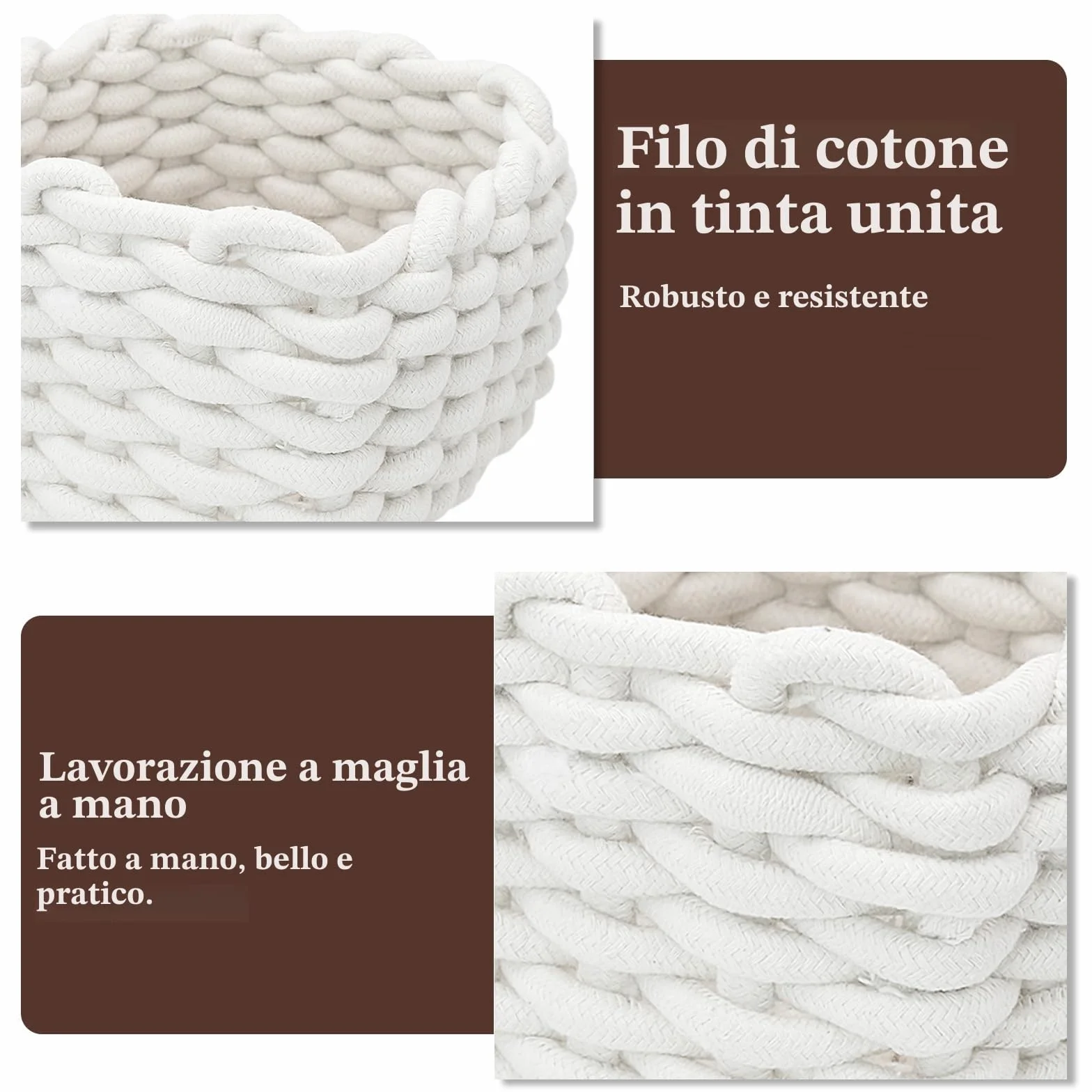 Cesto portaoggetti in corda di cotone intrecciata bianco, organizer da scrivania per bagno e armadio