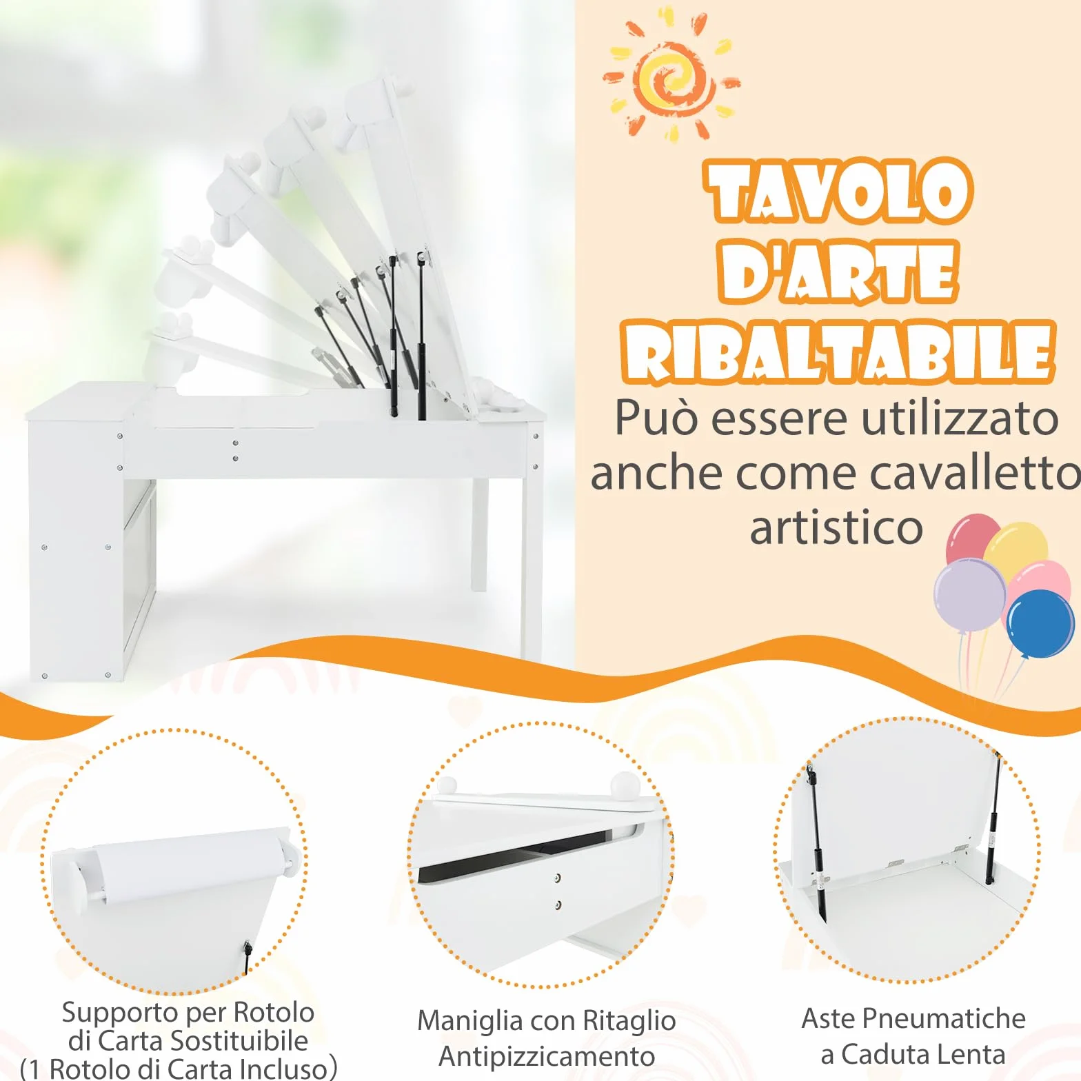 RELAX4LIFE Tavolo D'arte per Bambini con 2 Sedie, Legno, Piano Sollevabile, 6 Cassetti, 4 Tazze Pittura