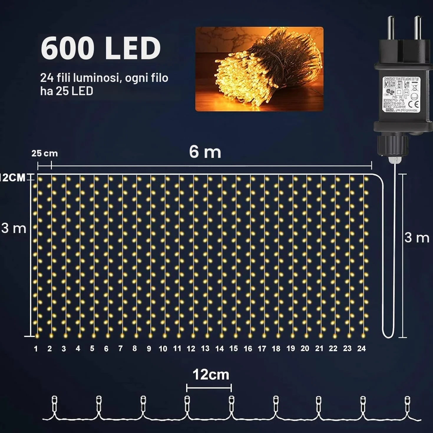 Joycome Tenda Luminosa Esterno, 6x3m 600 LED Cascata Luci con Spina, 8 Modalità Luci a Tenda per Esterno, Impermeabile Decorazioni Luminose per Giardino Balcone Vetrina Matrimonio - Bianco Caldo