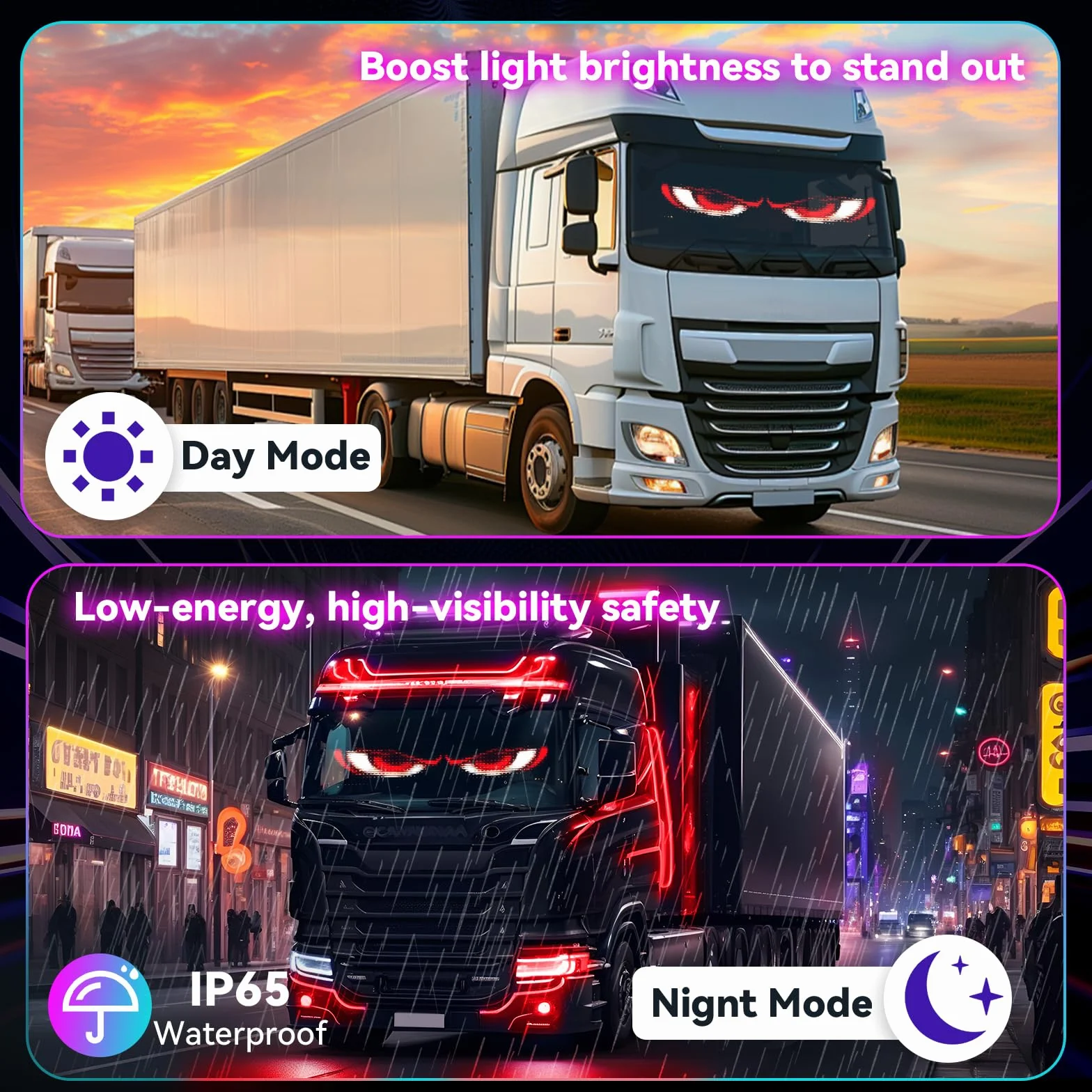 2 Pannelli LED Flessibili Maxi 12x60 cm, Occhi LED Grandi per Auto/Camion, Schermo Programmabile Impermeabile IP65, Controller APP & Telecomando, Luci RGB Ultra-Luminose per Tuning, Vetrina, Feste