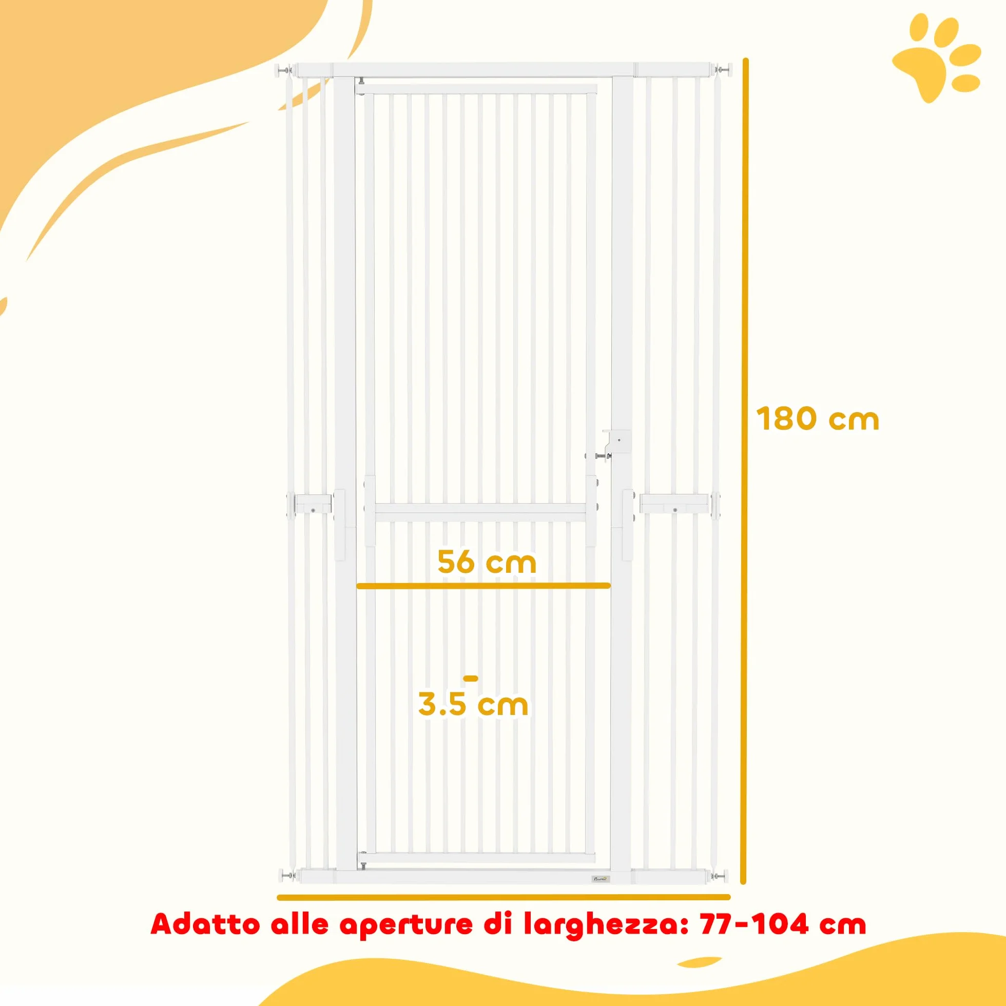 PawHut Cancelletto di Sicurezza per Cani Gatti 180cm, Estensibile 77-104 cm, Spazio 3.5cm, Bianco