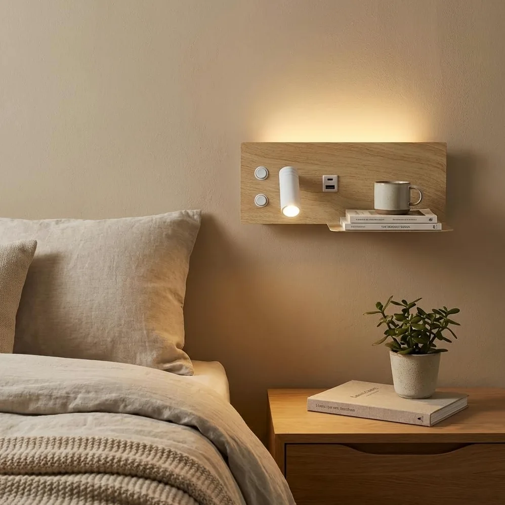Alpinaluz Applique LED da Parete con Luce di Lettura Orientabile e Luce Ambientale 2700K, Interruttore Doppio, Doppia Porta di Ricarica USB, Mensola, Metallo con Effetto Legno