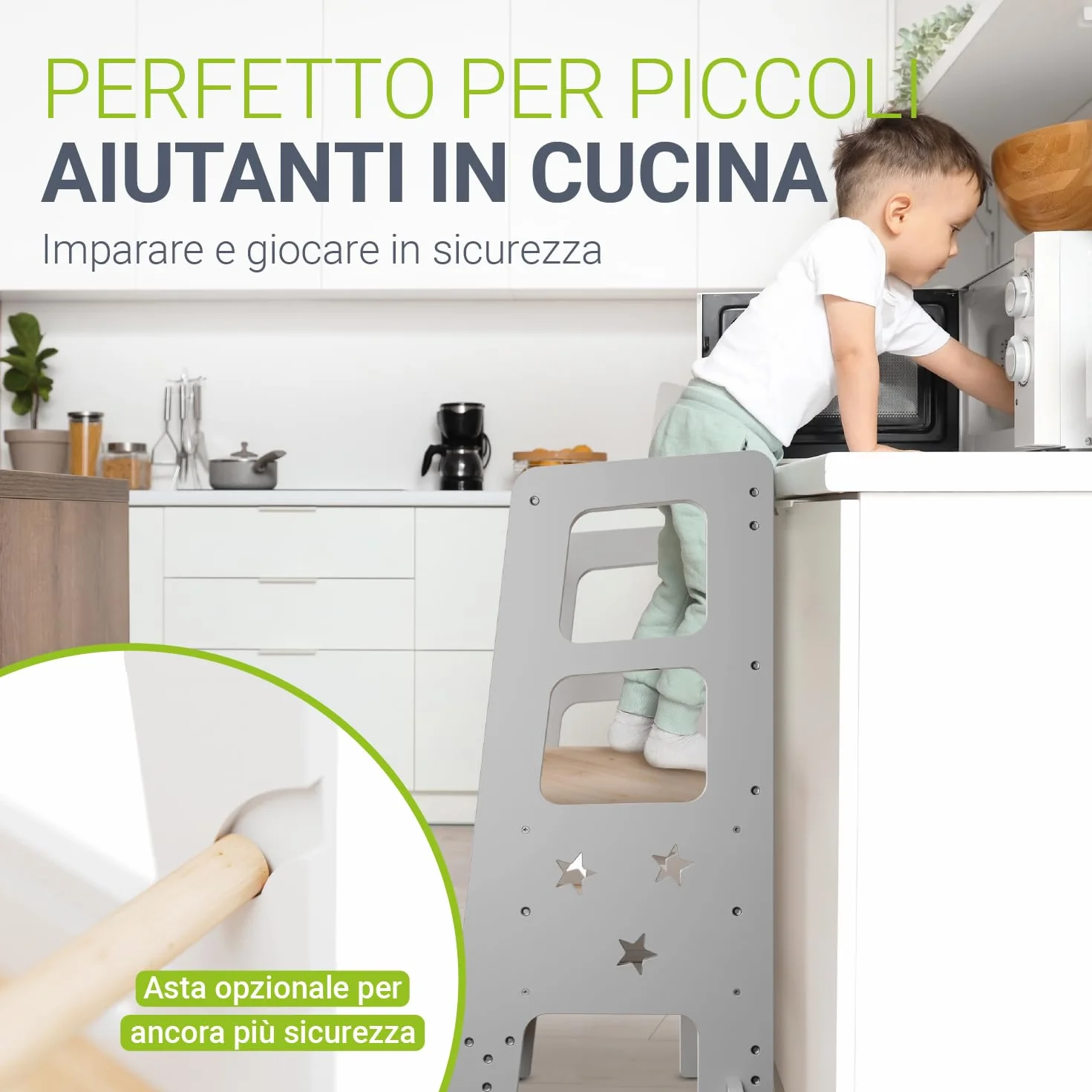 Juskys torre didattica Henny per bambini 1 anno Montessoriana tripla regolazione altezza antiribaltamento sgabello cucina bianco