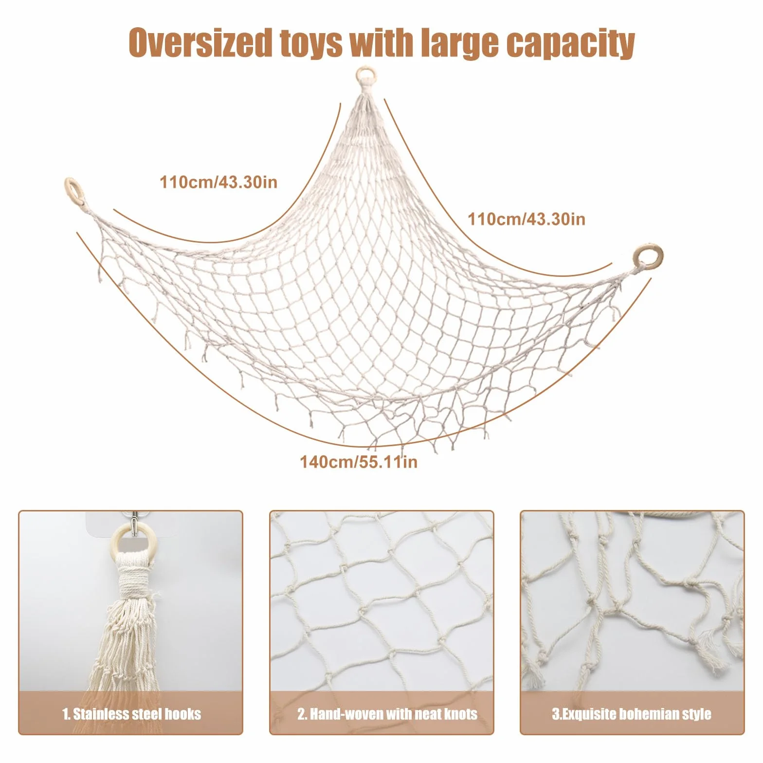 Amaca di Peluche per Bambini 110x110cm Portaoggetti in Rete da Pesca con Ganci di Sicurezza