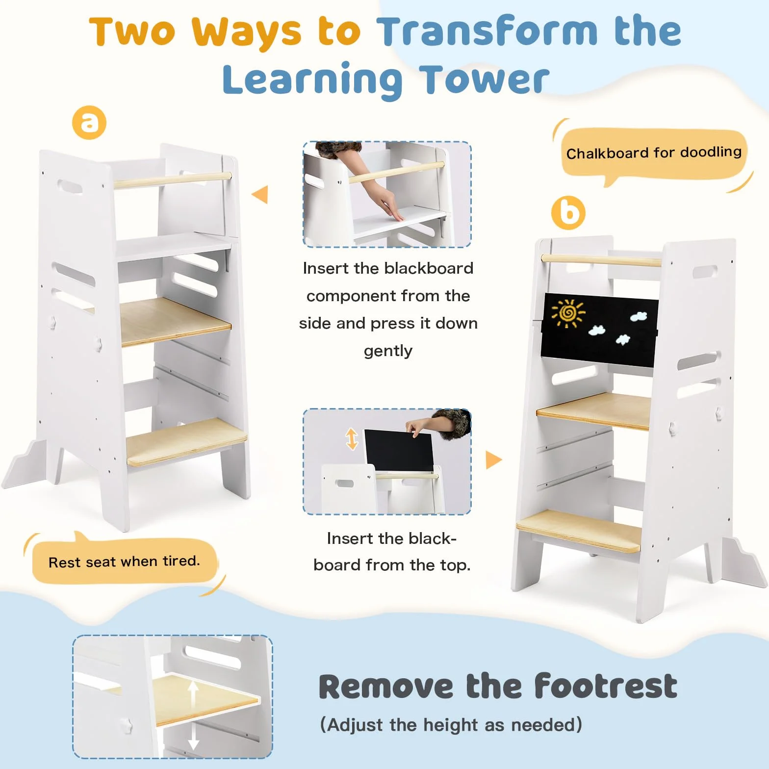 Labebe Learning Tower 3 in 1 con Lavagna e Seduta, Torre Montessori Regolabile in 3 Altezze, Legno