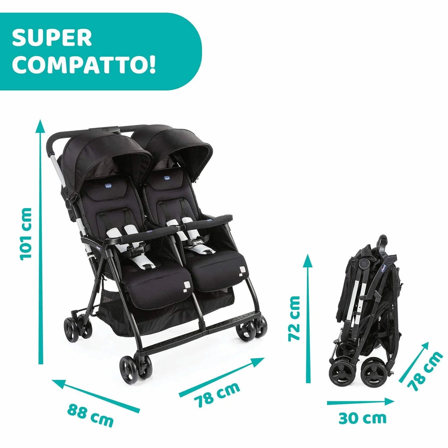 Chicco OHlalà Twin Passeggino Gemellare Doppio Leggero Reclinabile Pieghevole Chiusura Compatta Nero