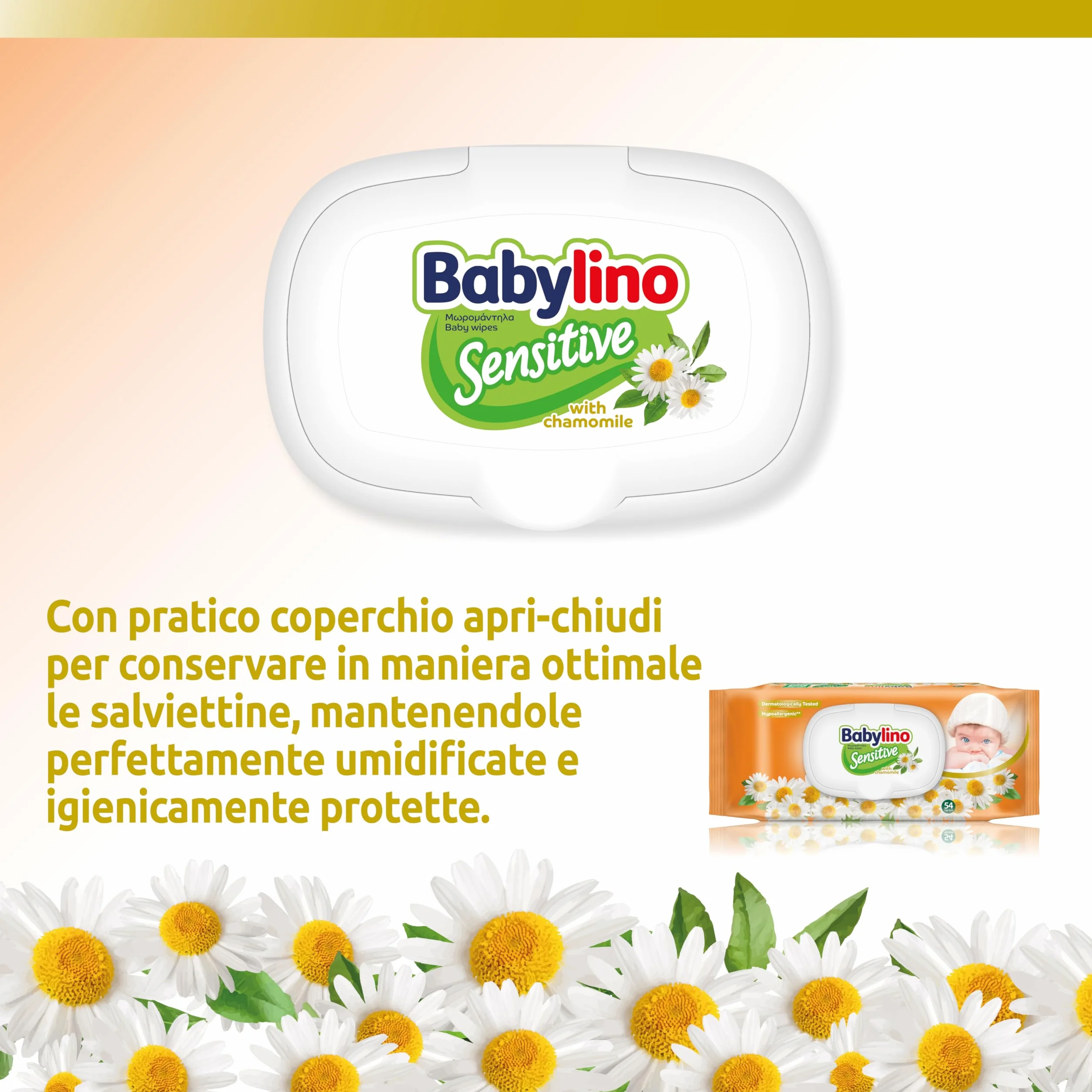 Salviette Neonato Babylino Sensitive Camomilla 98% Naturale PH Pelle, 3 Confezioni 162 Salviettine