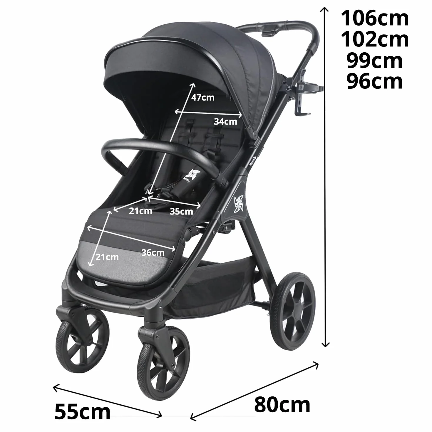 Passeggino Leggero 25 kg Portata, Pieghevole ad una Mano, Seduta Ampia, Ruote Grandi Ammortizzate, Cappottina XXL e Parapioggia Nero