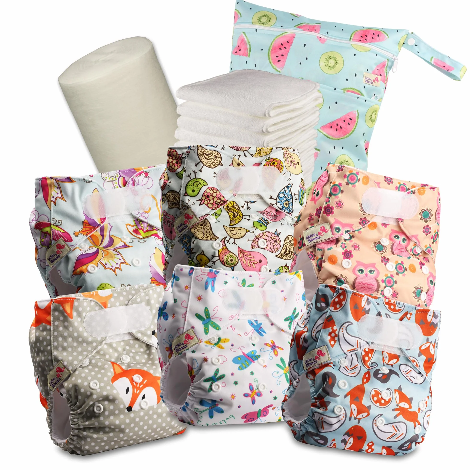 Littles & Bloomz Pannolini Lavabili Set 6 con 6 Inserti Microfibra e Veli Bambù Borsa Impermeabile