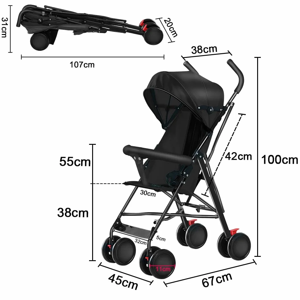 Passeggino Canne Bambino Ultra Leggero Pieghevole Reclinabile dalla Nascita a 25 kg Nero con Copertura Antipioggia