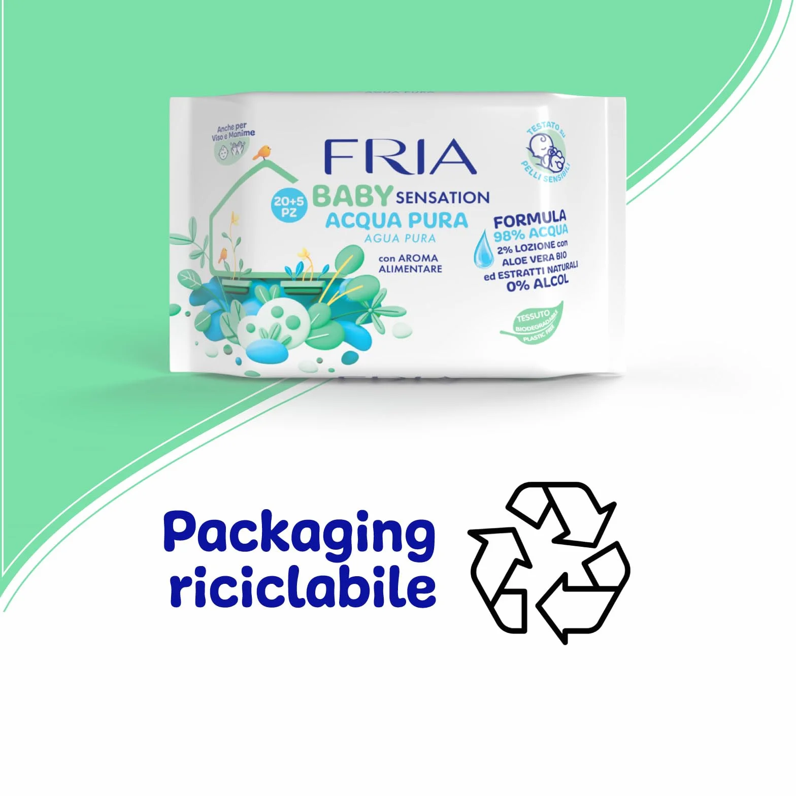 Fria Baby Salviette per Cambio Pannolino 98% Acqua Purificata 20+5 Confezione Pocket