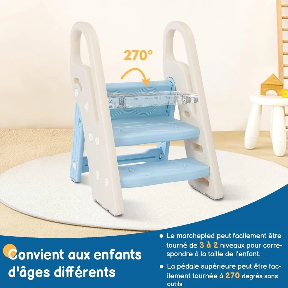 Onasti Sgabello a tre gradini pieghevoli per bambini, Scaletta 3 gradini, Sedile per Addestramento WC, Multifunzione, Regolabile in Altezza, Antiscivolo (Blu)